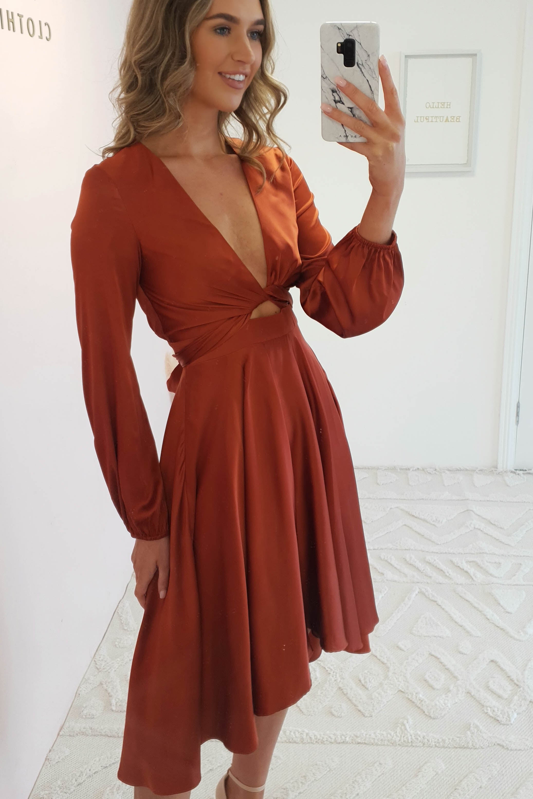 Nicola Satin Tie Front Midi Dress | Rust | Oh Hello Clothing | XS (6)