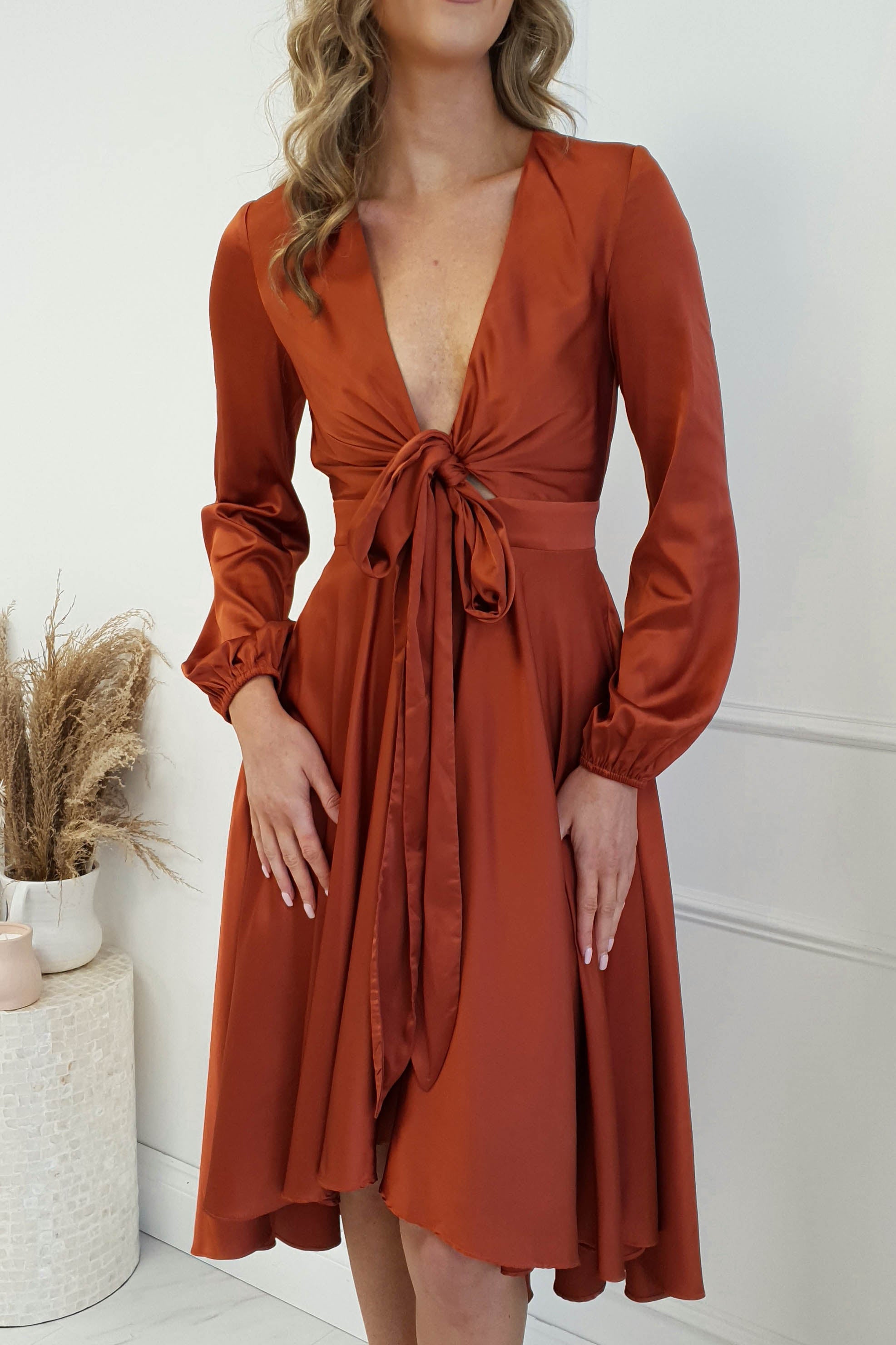 Nicola Satin Tie Front Midi Dress | Rust | Oh Hello Clothing | XS (6)