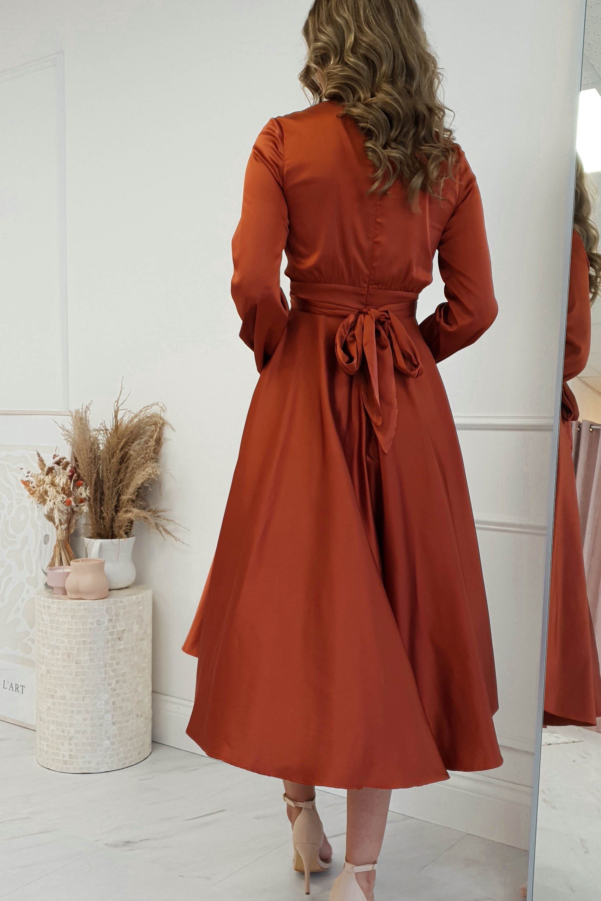 Nicola Satin Tie Front Midi Dress | Rust | Oh Hello Clothing | XS (6)