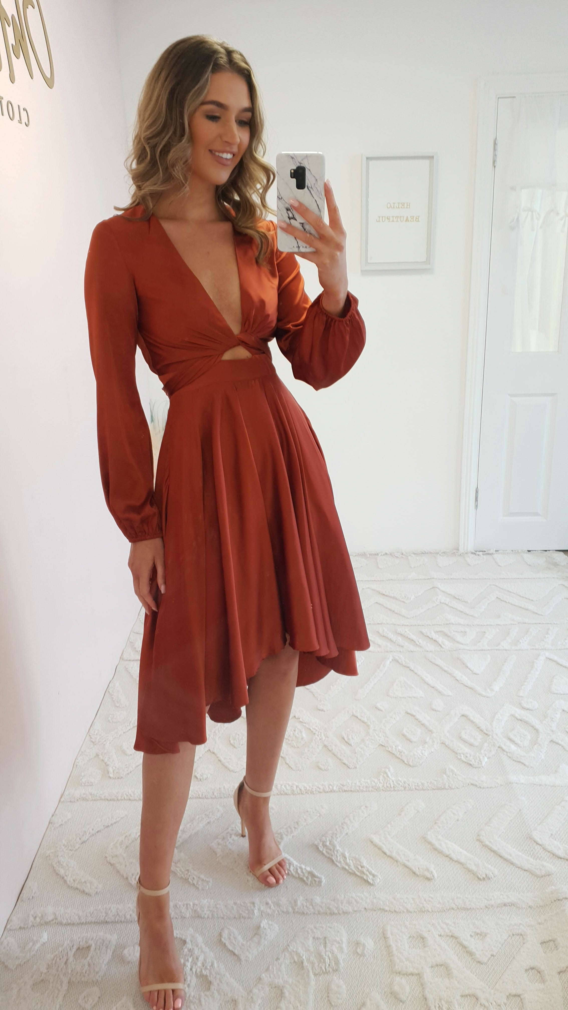 Nicola Satin Tie Front Midi Dress | Rust | Oh Hello Clothing | XS (6)