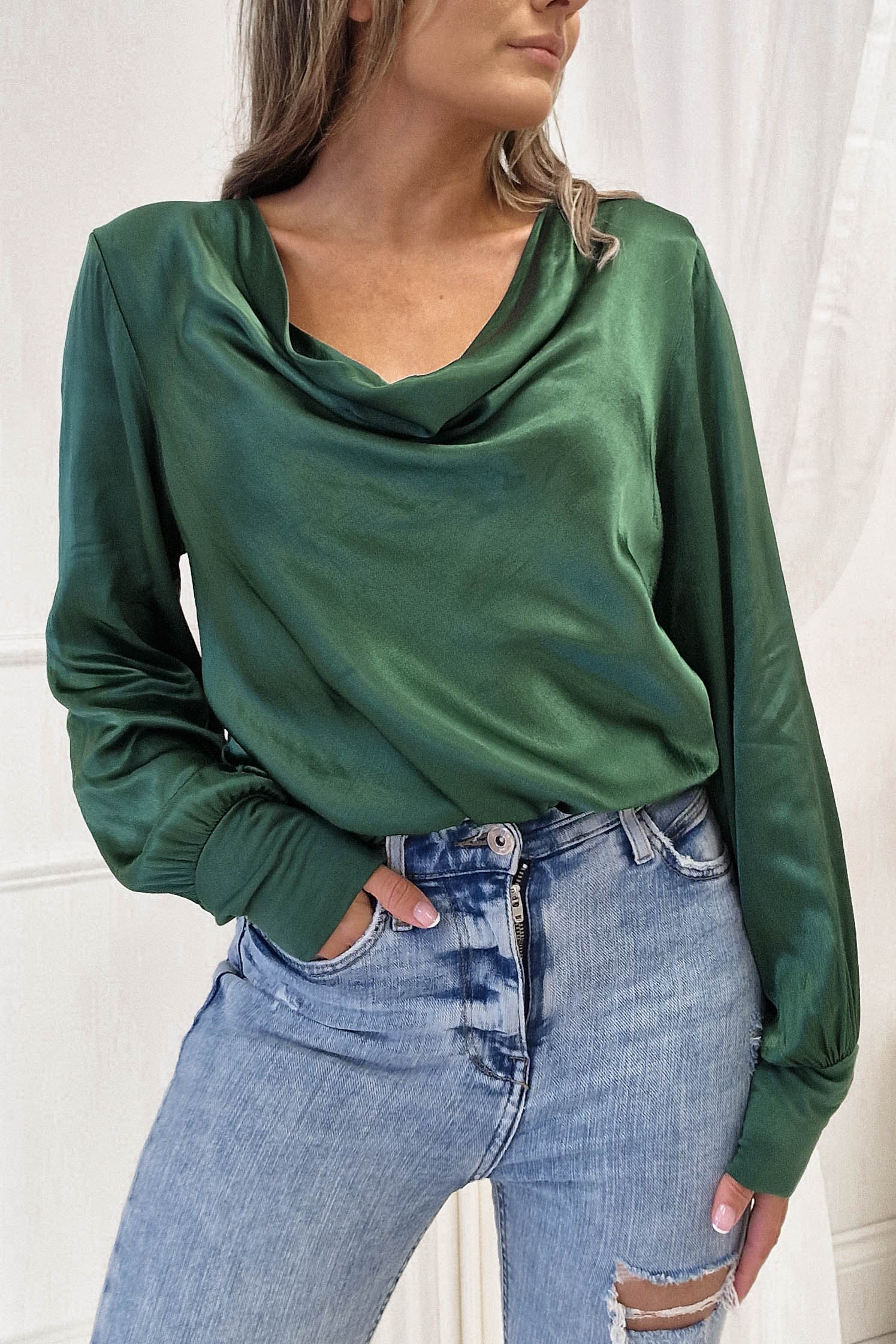 Pamela Satin Long Sleeve Top | Green