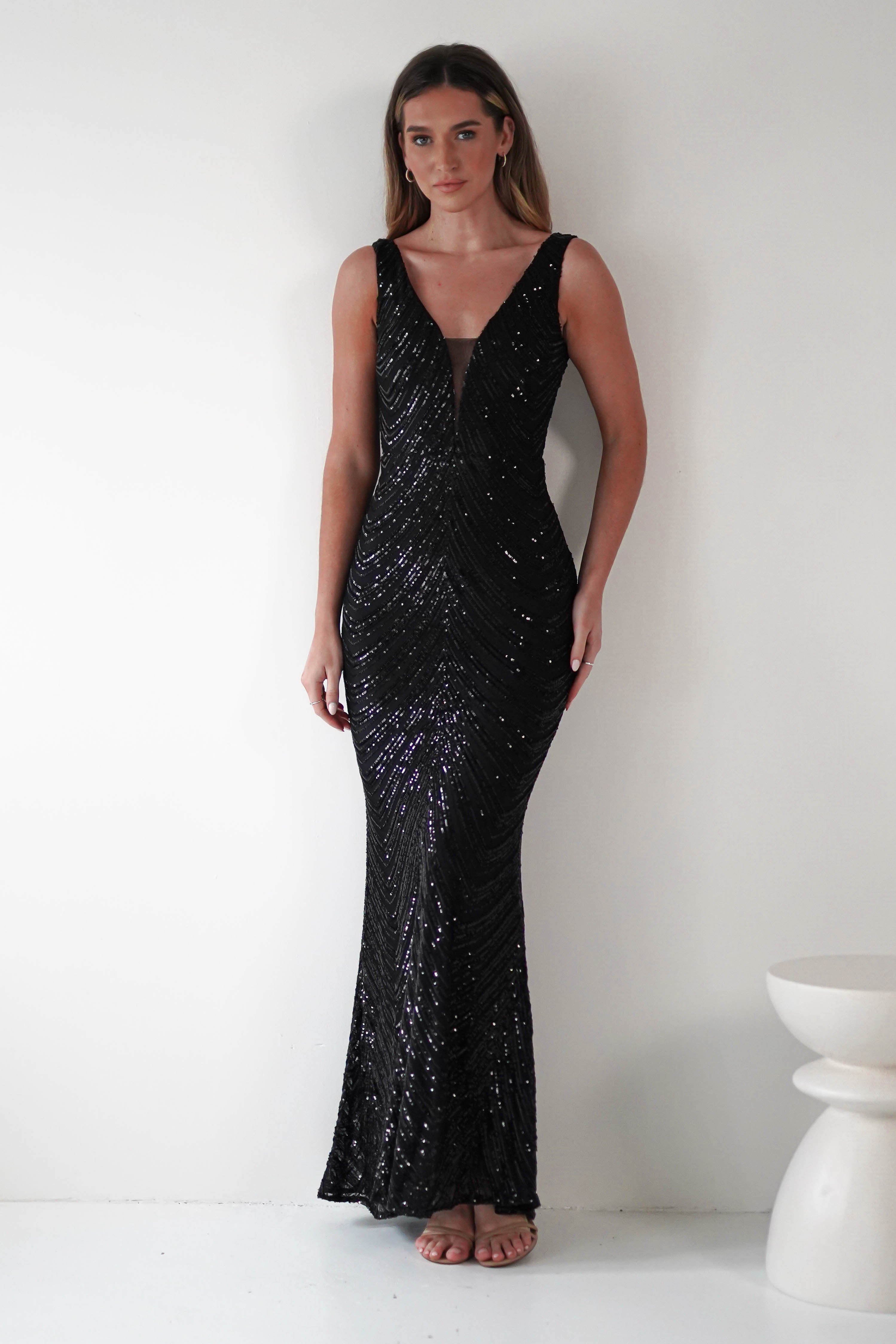 Julietta Sequin Bodycon Maxi Dress | Black