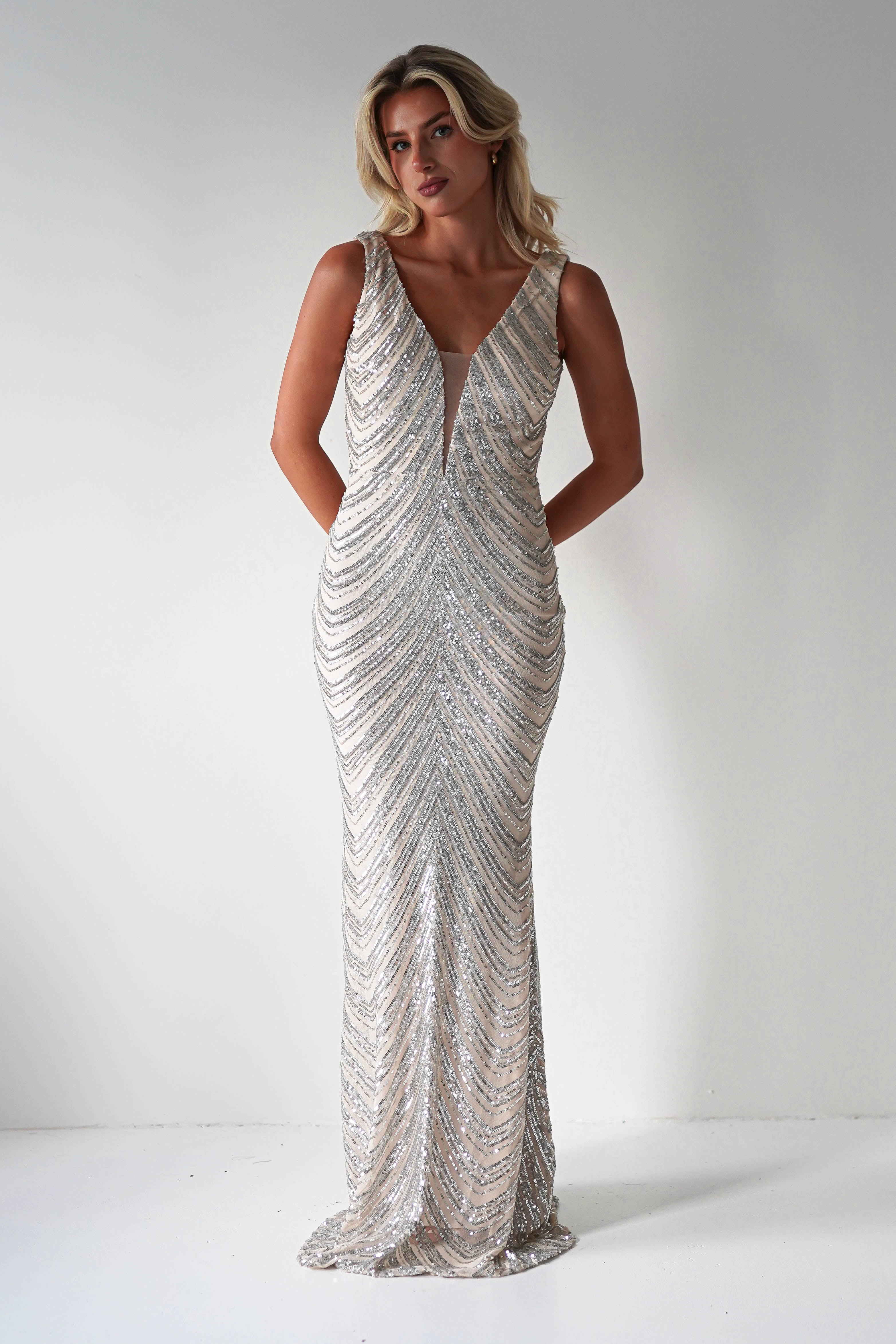 Julietta Sequin Bodycon Maxi Dress | Silver/Nude