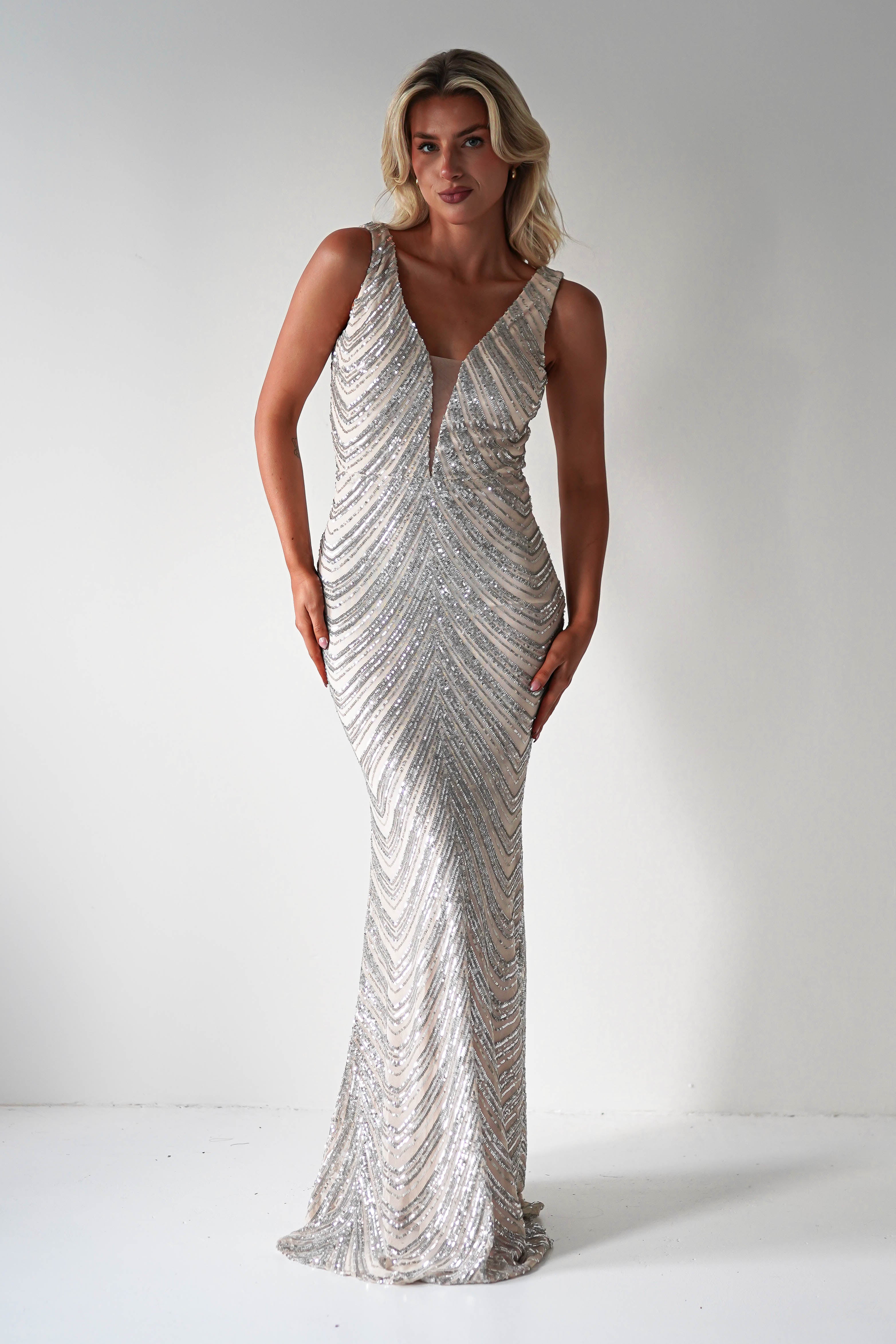 Julietta Sequin Bodycon Maxi Dress | Silver/Nude