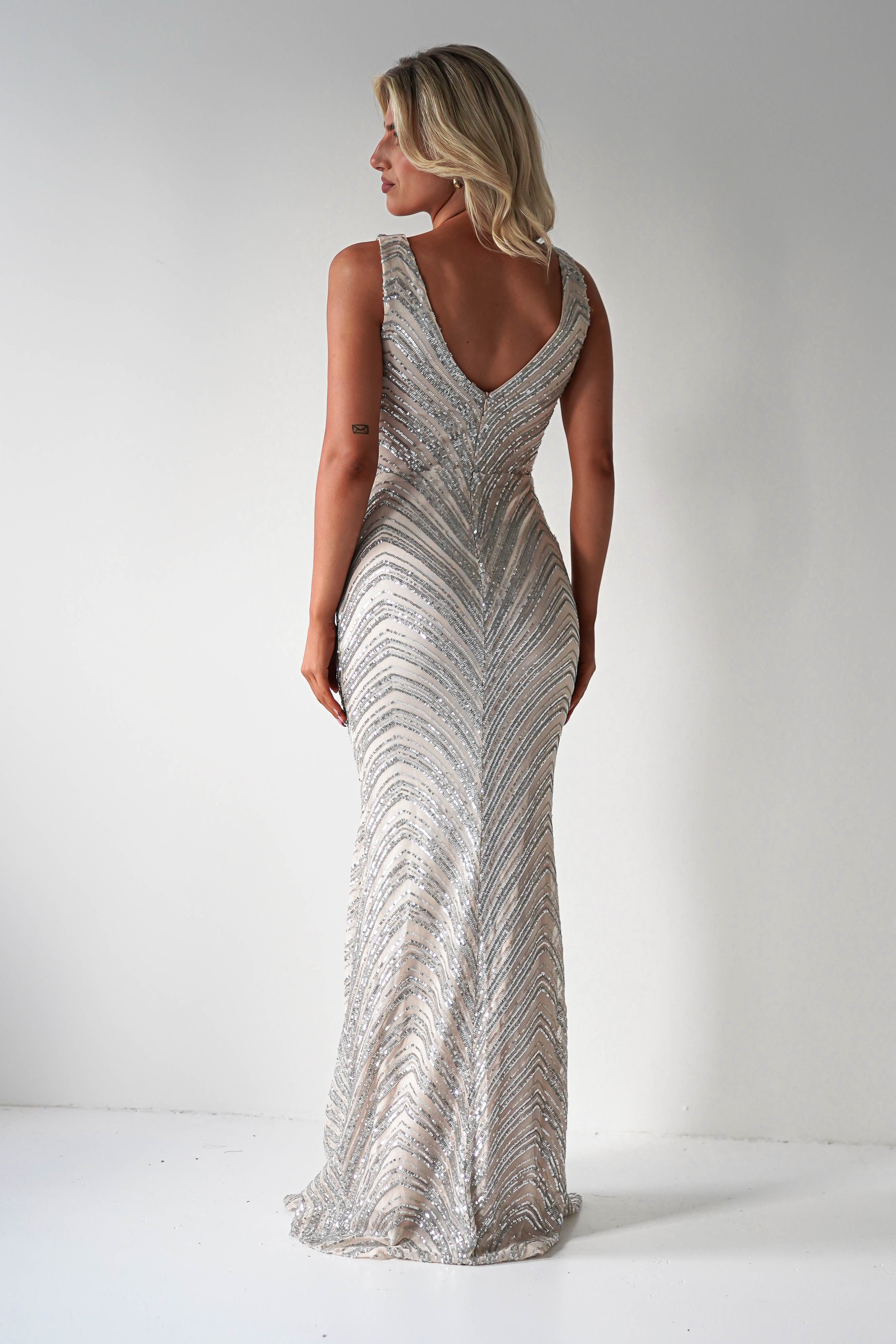 Julietta Sequin Bodycon Maxi Dress | Silver/Nude