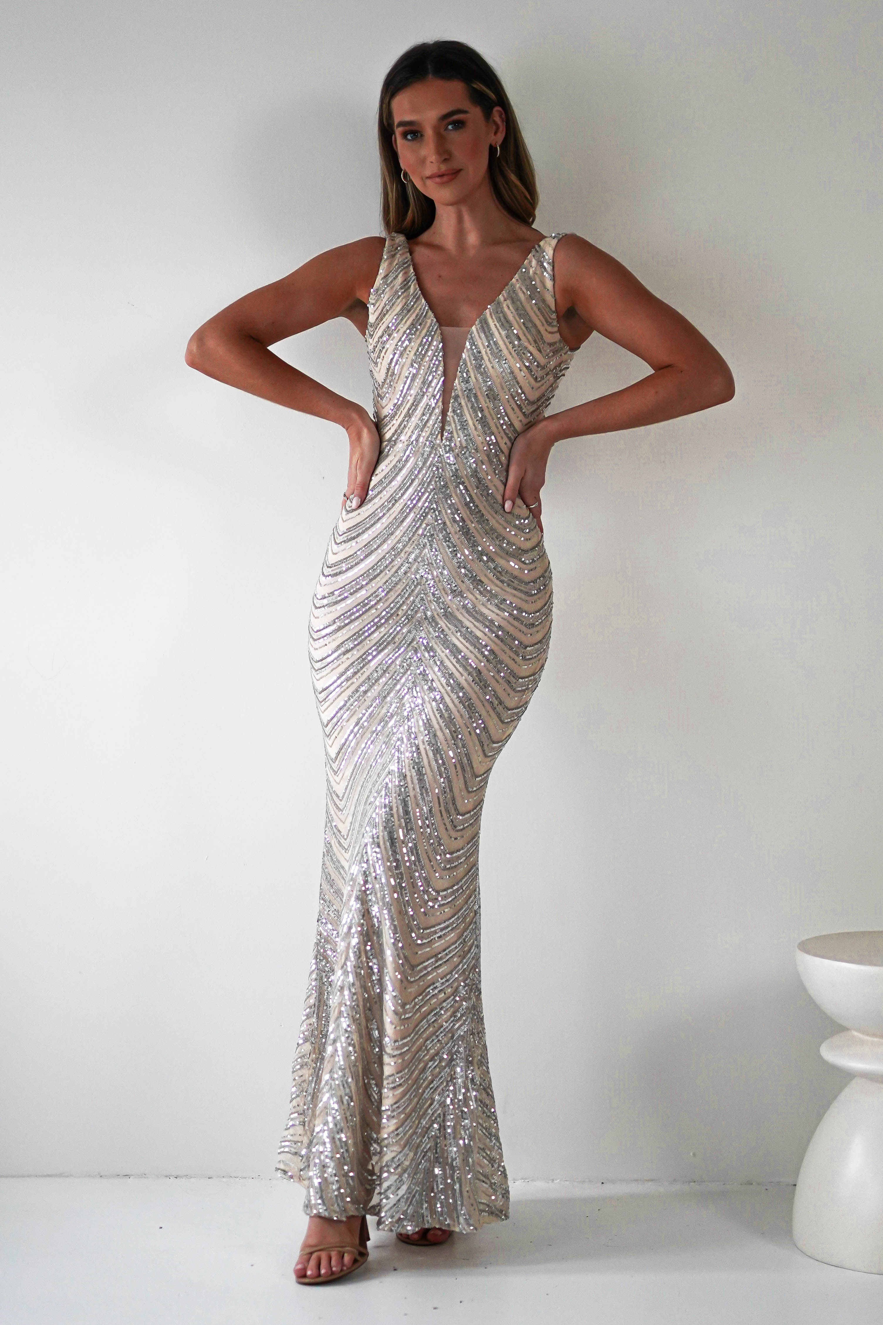 Julietta Sequin Bodycon Maxi Dress | Silver/Nude