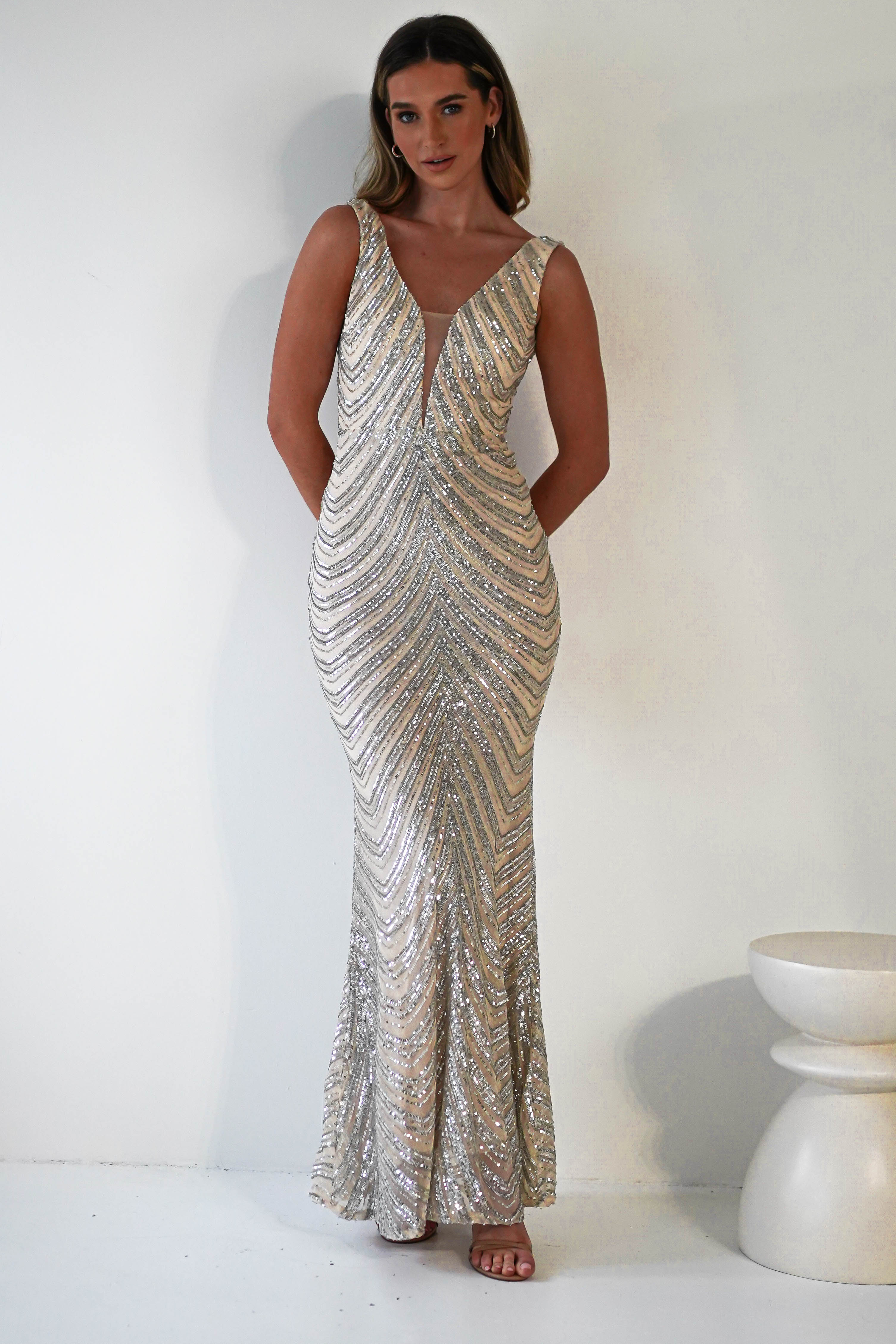 Julietta Sequin Bodycon Maxi Dress | Silver/Nude