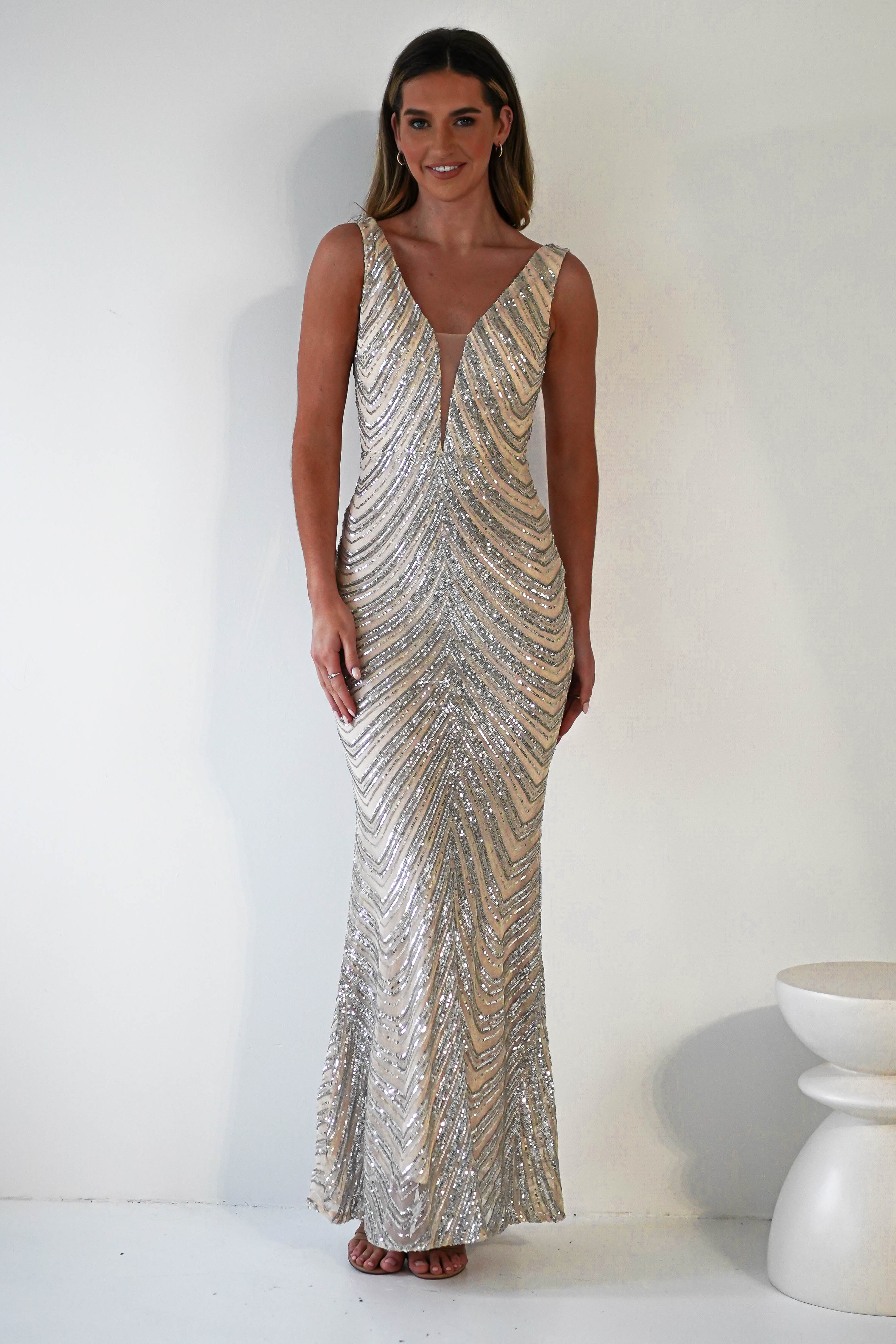 Julietta Sequin Bodycon Maxi Dress | Silver/Nude