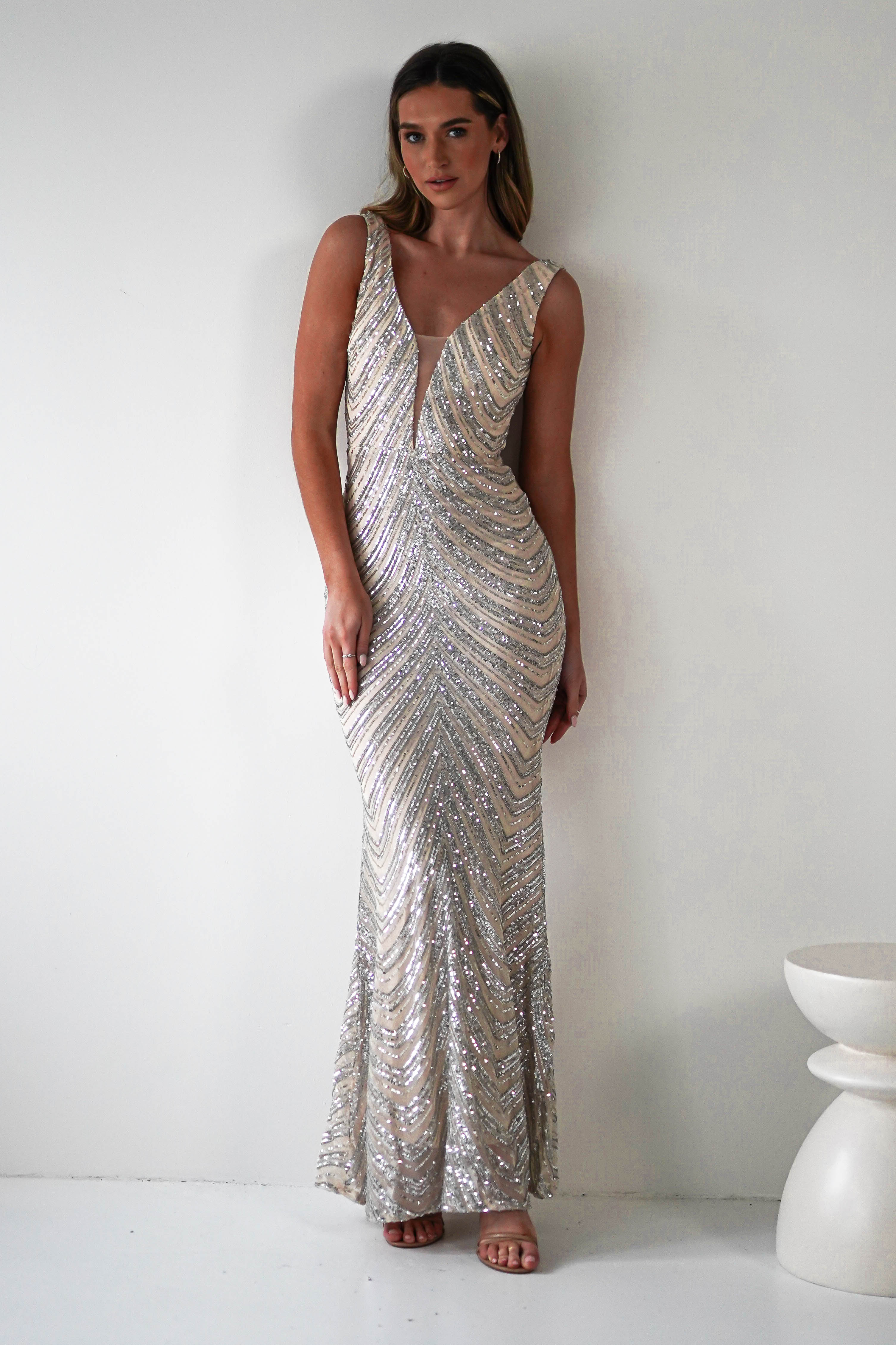 Julietta Sequin Bodycon Maxi Dress | Silver/Nude