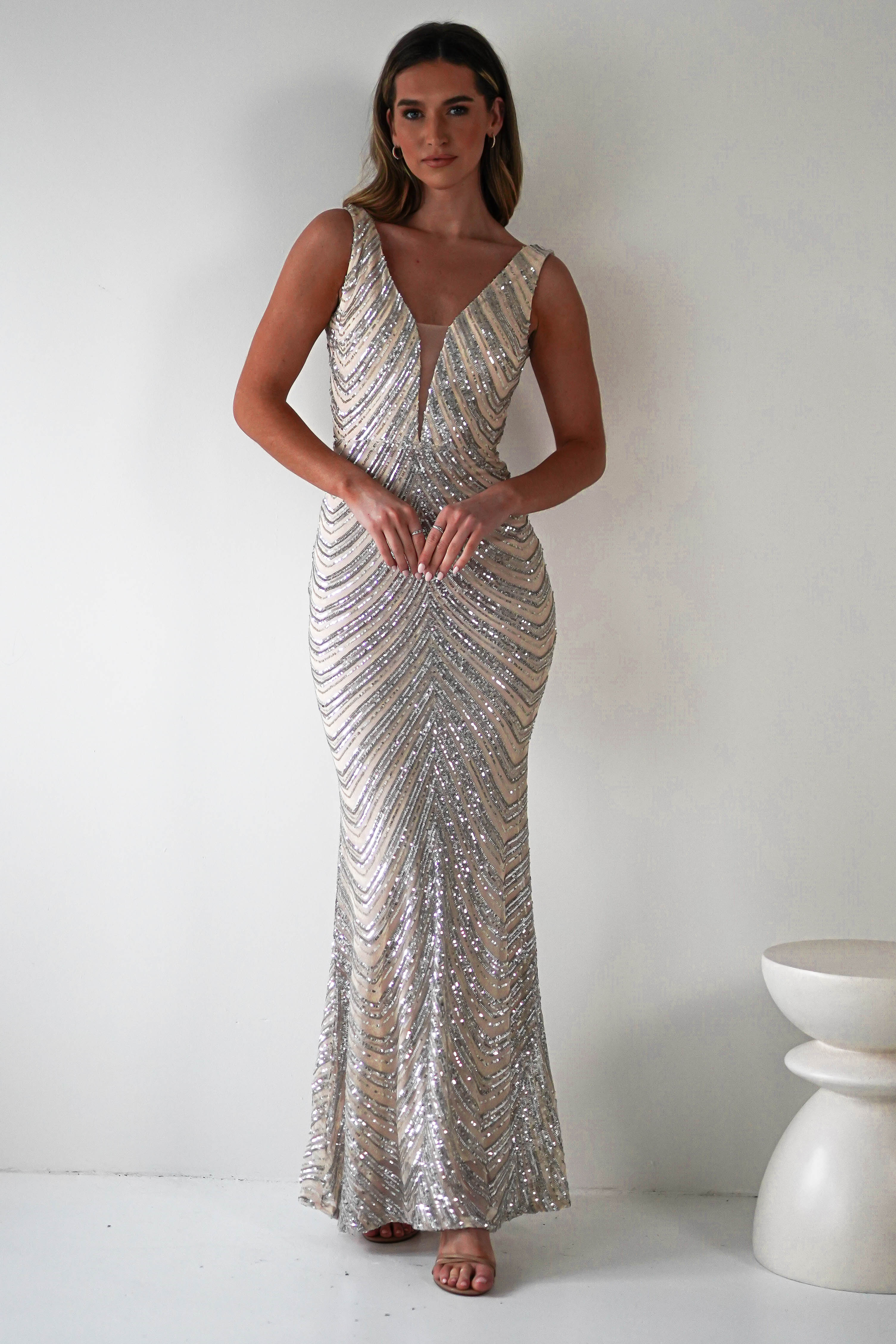 Julietta Sequin Bodycon Maxi Dress | Silver/Nude