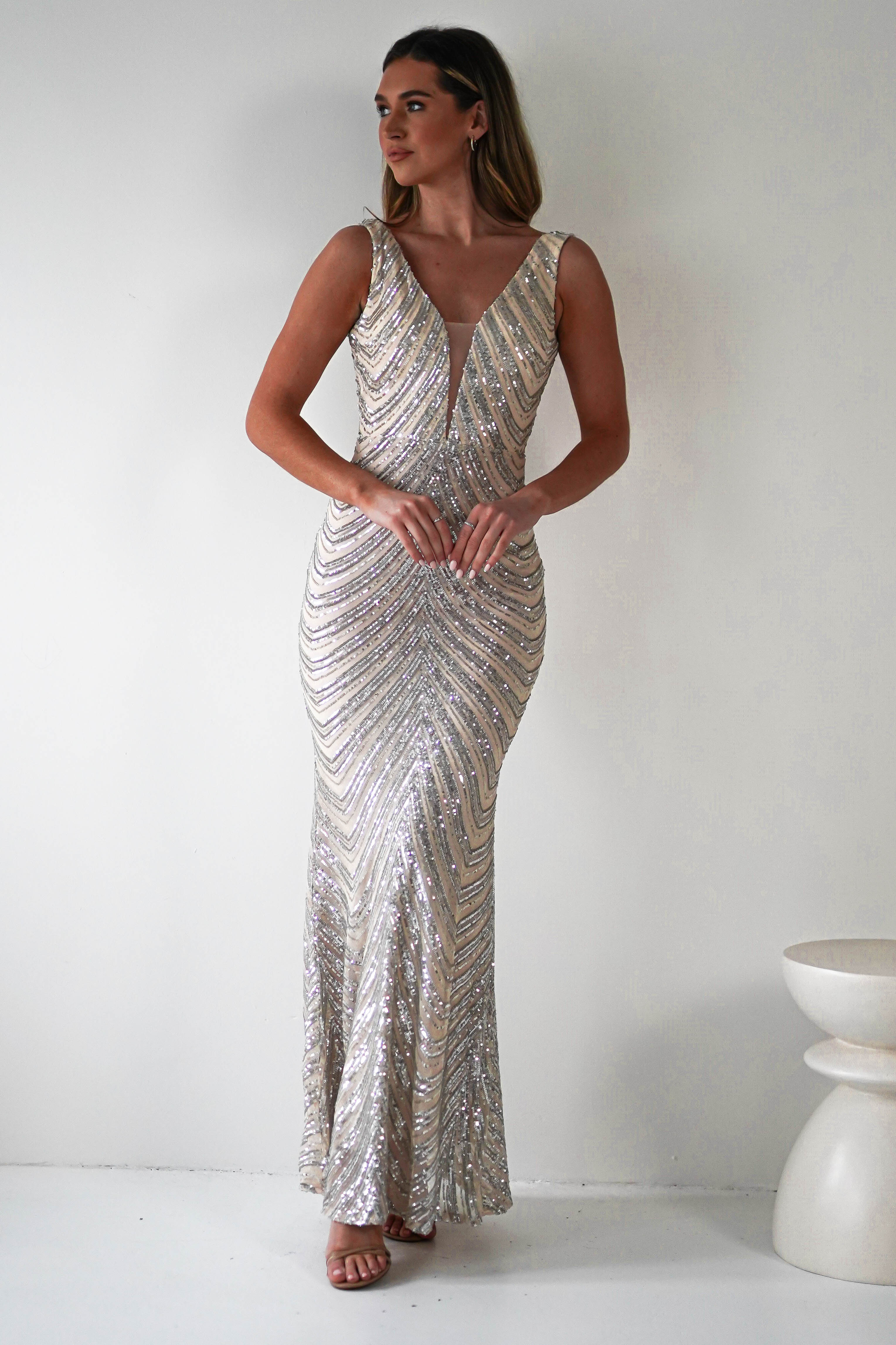 Julietta Sequin Bodycon Maxi Dress | Silver/Nude