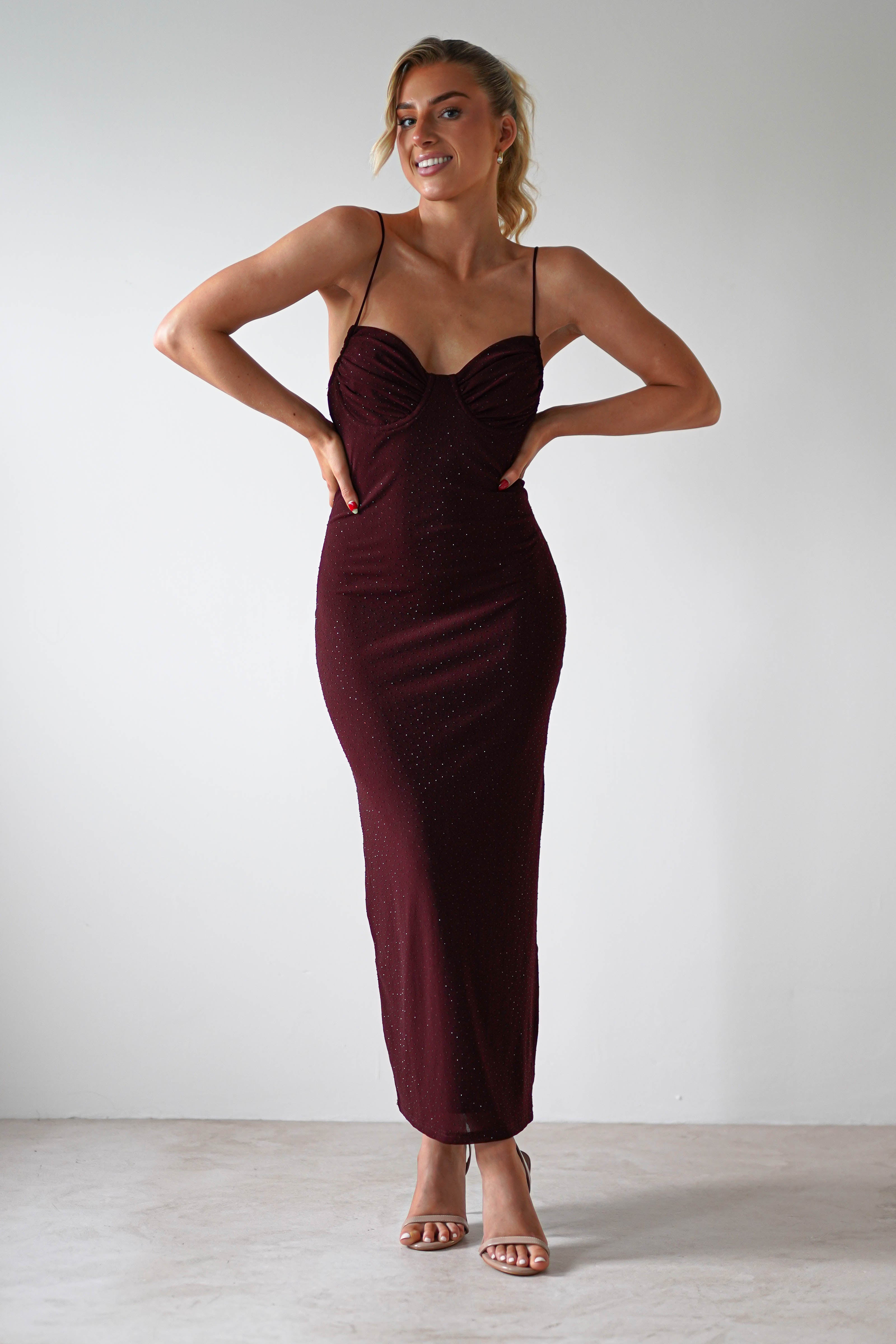 Izara Stretchy Bodycon Diamante Midaxi | Wine