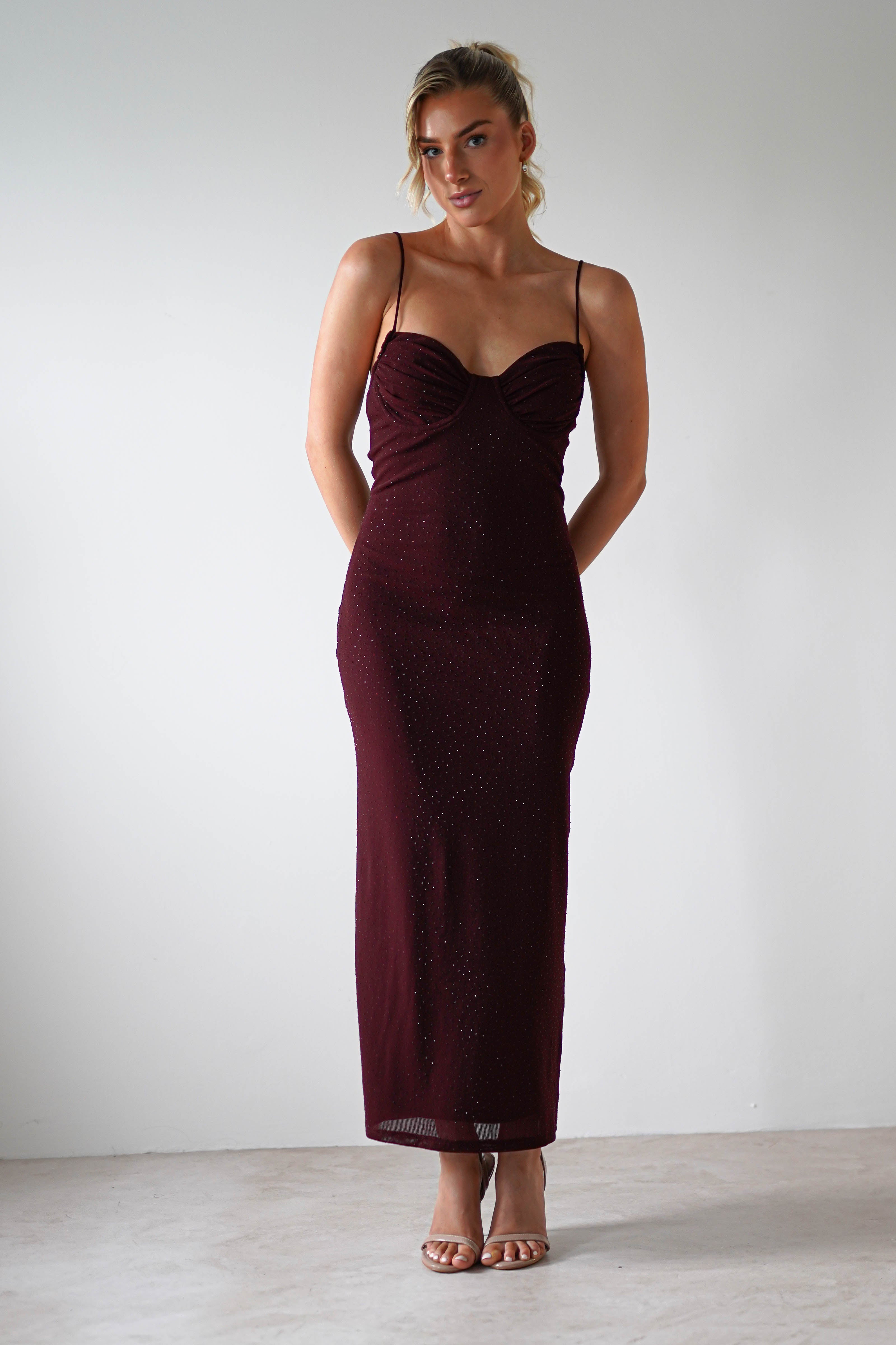 Izara Stretchy Bodycon Diamante Midaxi | Wine