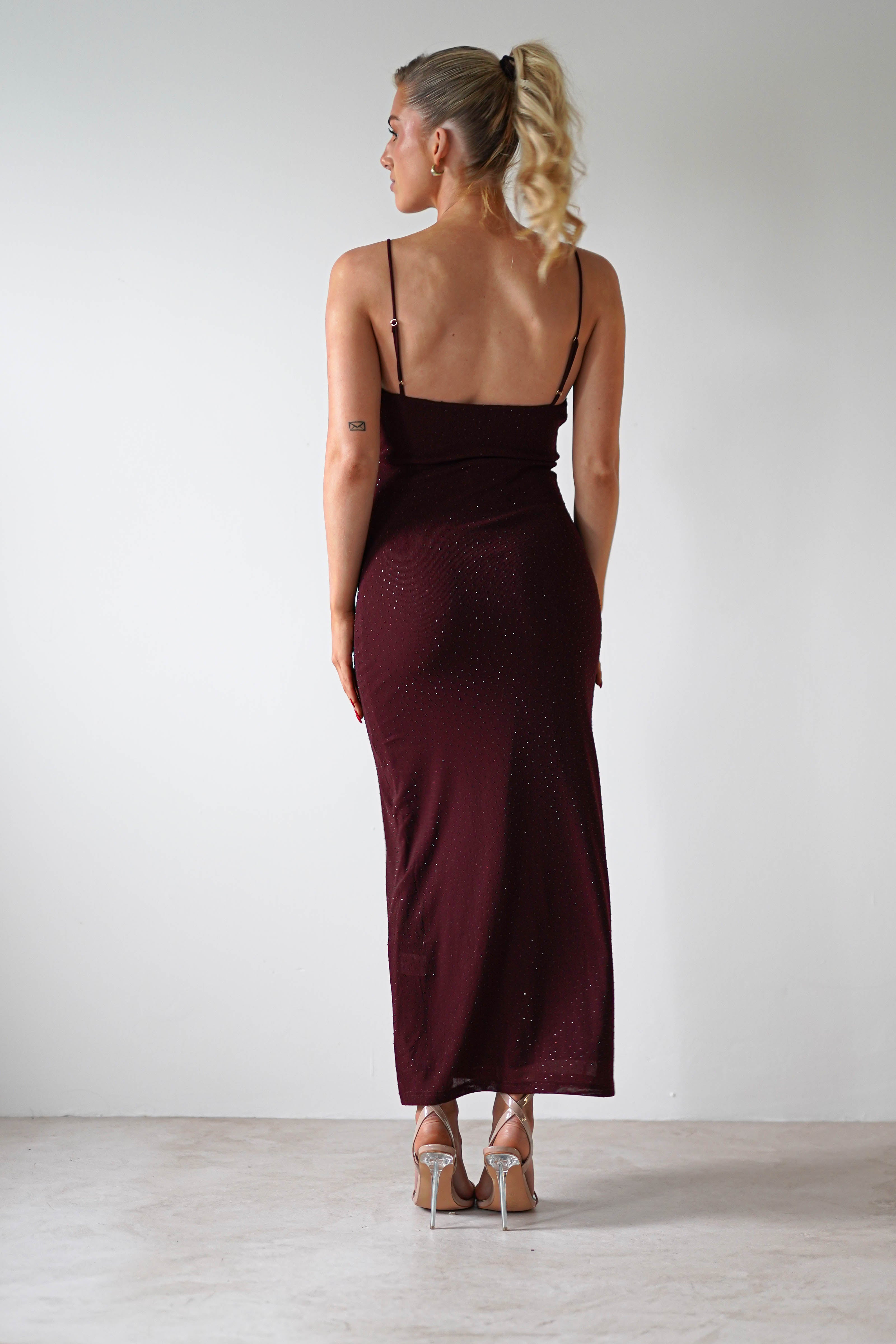 Izara Stretchy Bodycon Diamante Midaxi | Wine