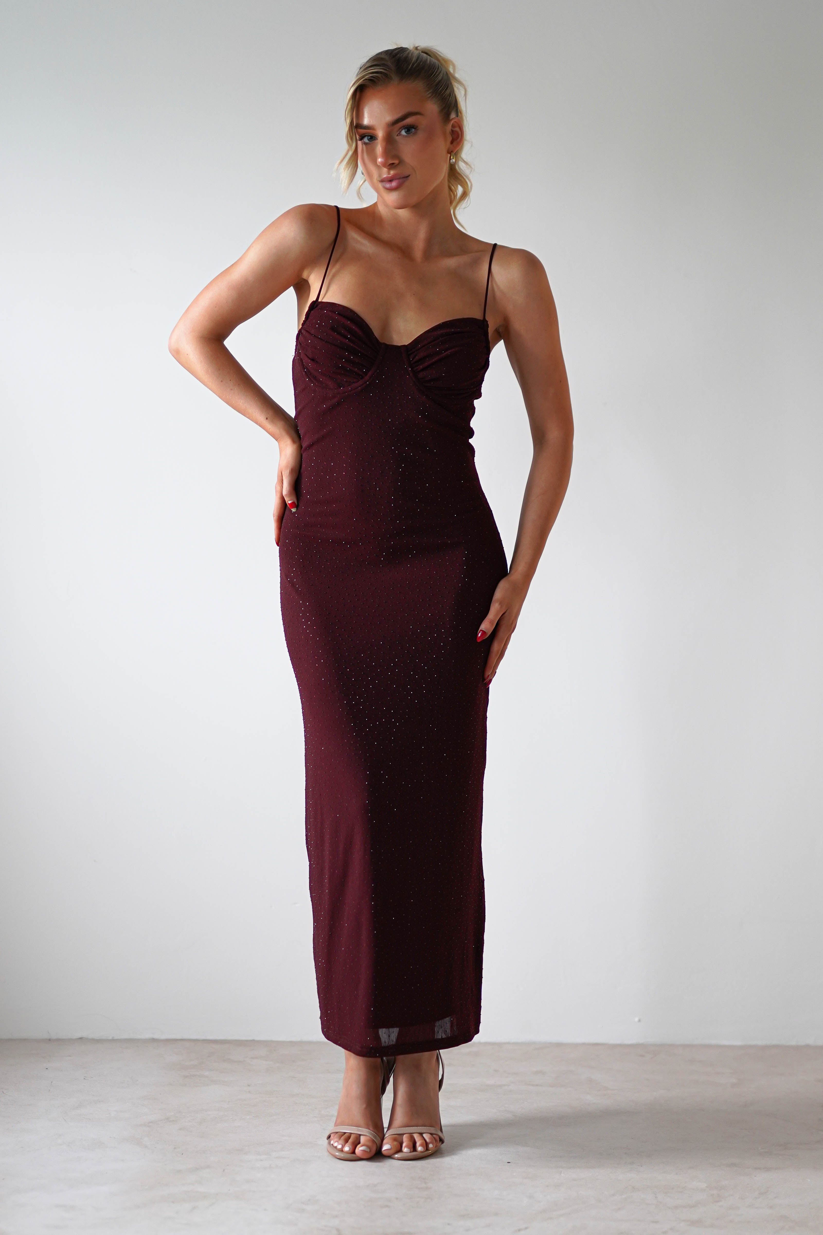 Izara Stretchy Bodycon Diamante Midaxi | Wine