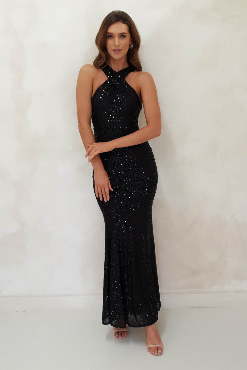 Jozelle Sequin Halterneck Bodycon Gown | Black