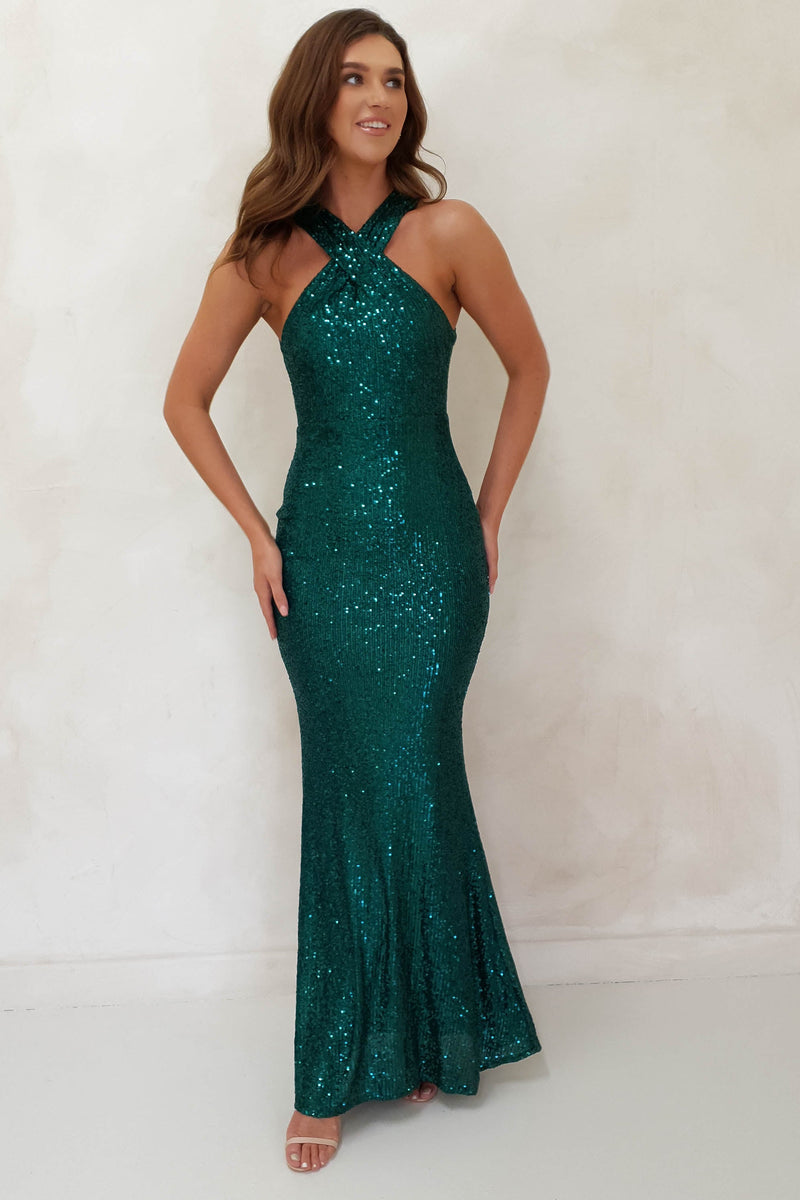 Jozelle Sequin Halterneck Bodycon Gown | Emerald Green