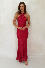 Jozelle Sequin Halterneck Bodycon Gown | Red