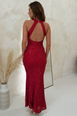Jozelle Sequin Halterneck Bodycon Gown | Red