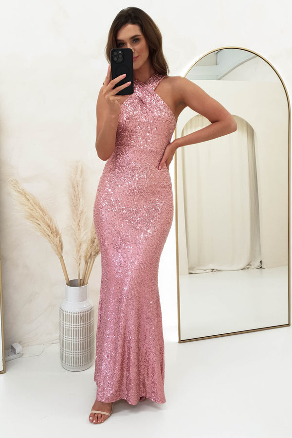 Jozelle Sequin Halterneck Bodycon Gown | Rose Gold