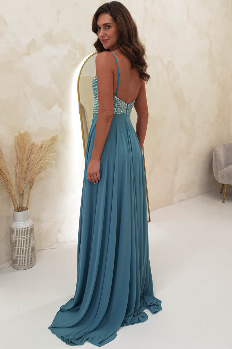 Raiza Chiffon Embellished Maxi Gown | Aqua