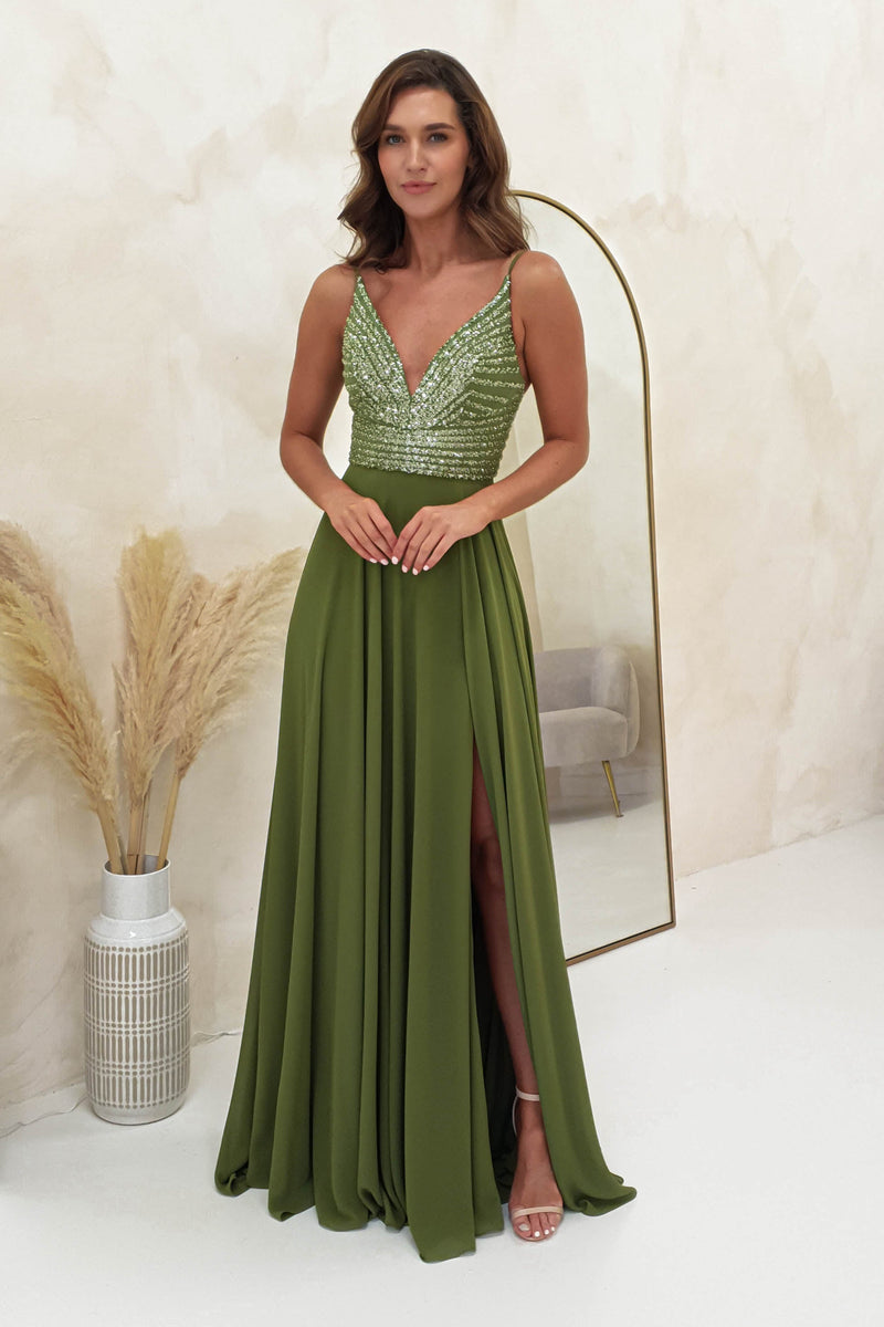 Raiza Chiffon Embellished Maxi Gown | Khaki