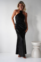 Jonna Halter Neck Sequin Maxi Dress Black | Black Tie Evening Dress | Halter Neck | Maxi | Oh Hello Clothing