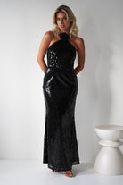 Jonna Halter Neck Sequin Maxi Dress Black | Black Tie Evening Dress | Halter Neck | Maxi | Oh Hello Clothing