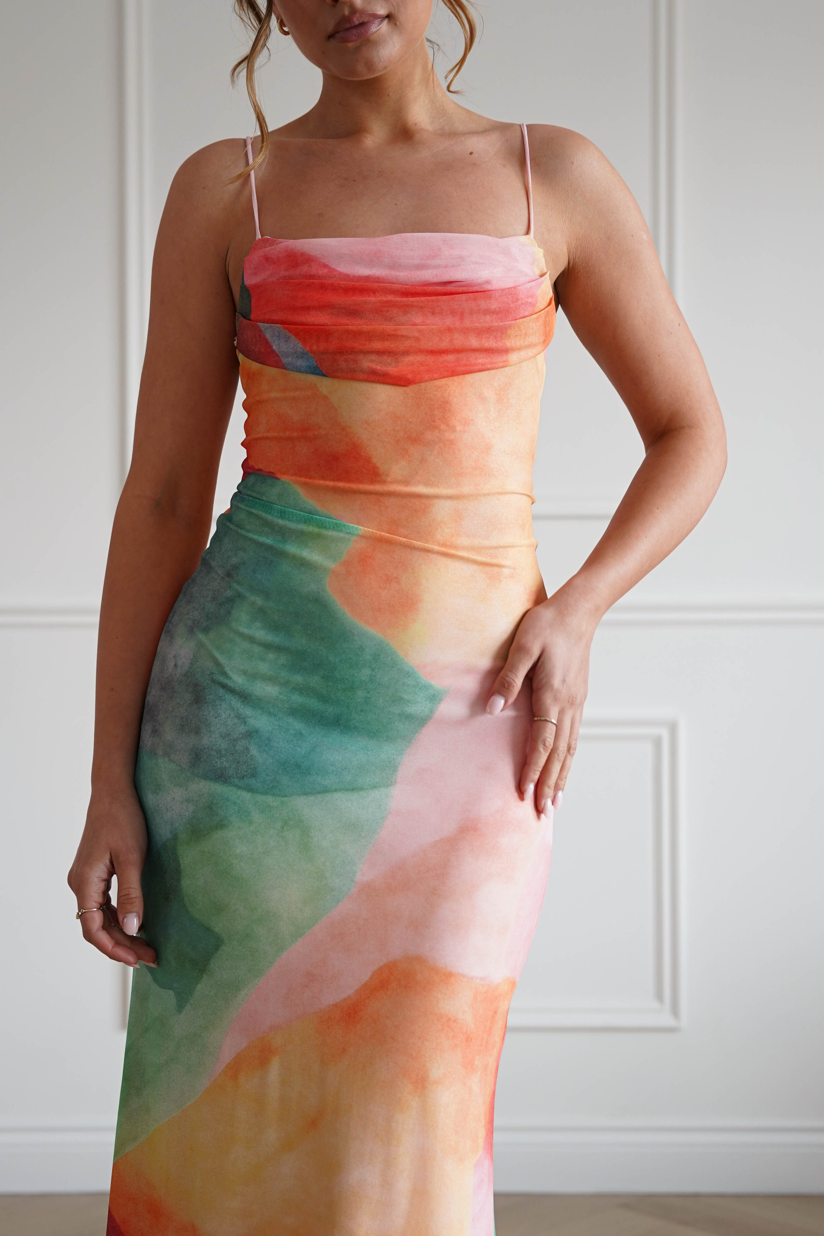 Oh Hello Clothing Dresses > Prom Dresses 1*DONE-64531D07-INDIKAH-ORANGE (MULTI) colour Cowl Neck Maxi Dress