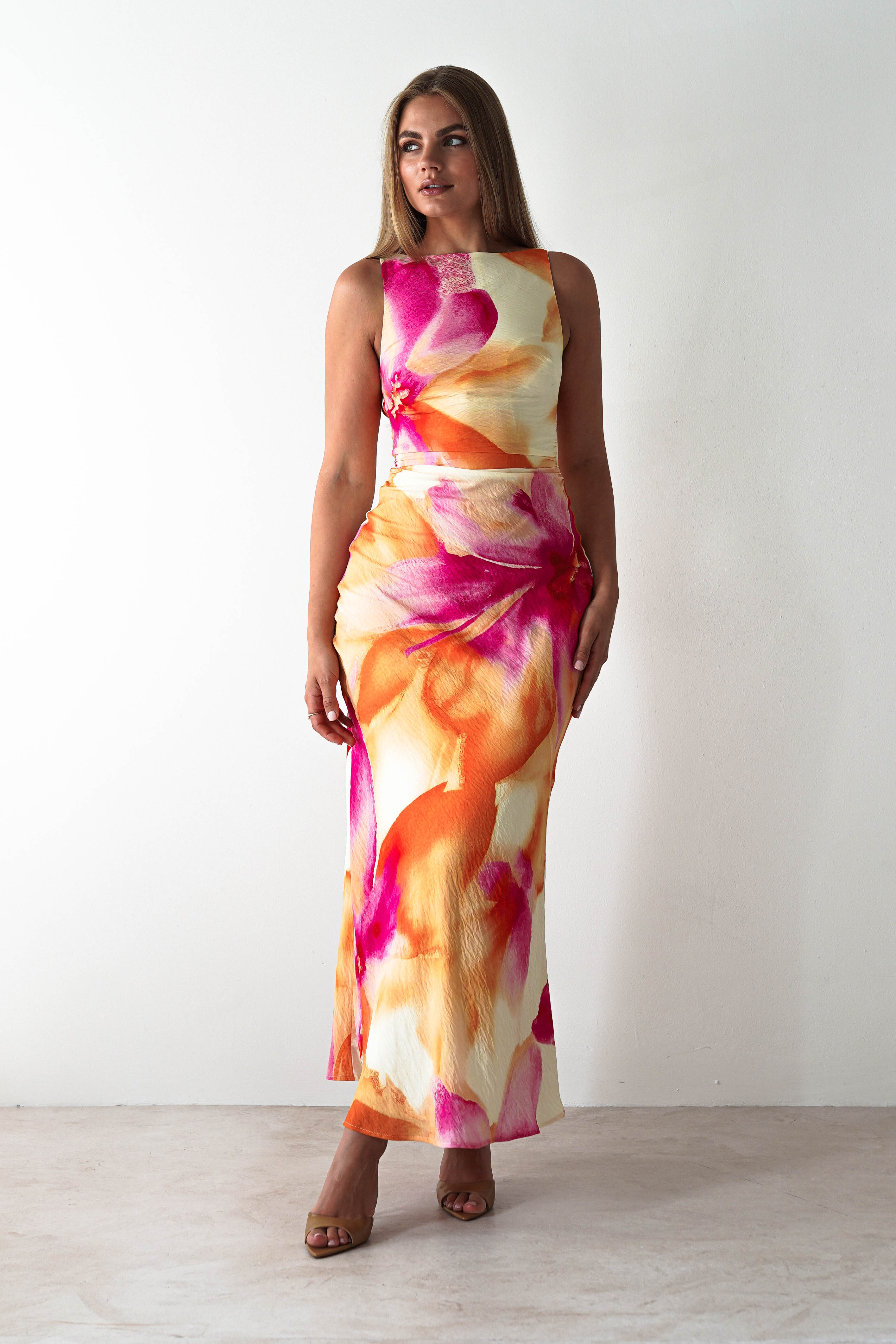 Ellarose Square Neck Maxi Dress | Orange/Pink | Oh Hello Clothing | XS (6)