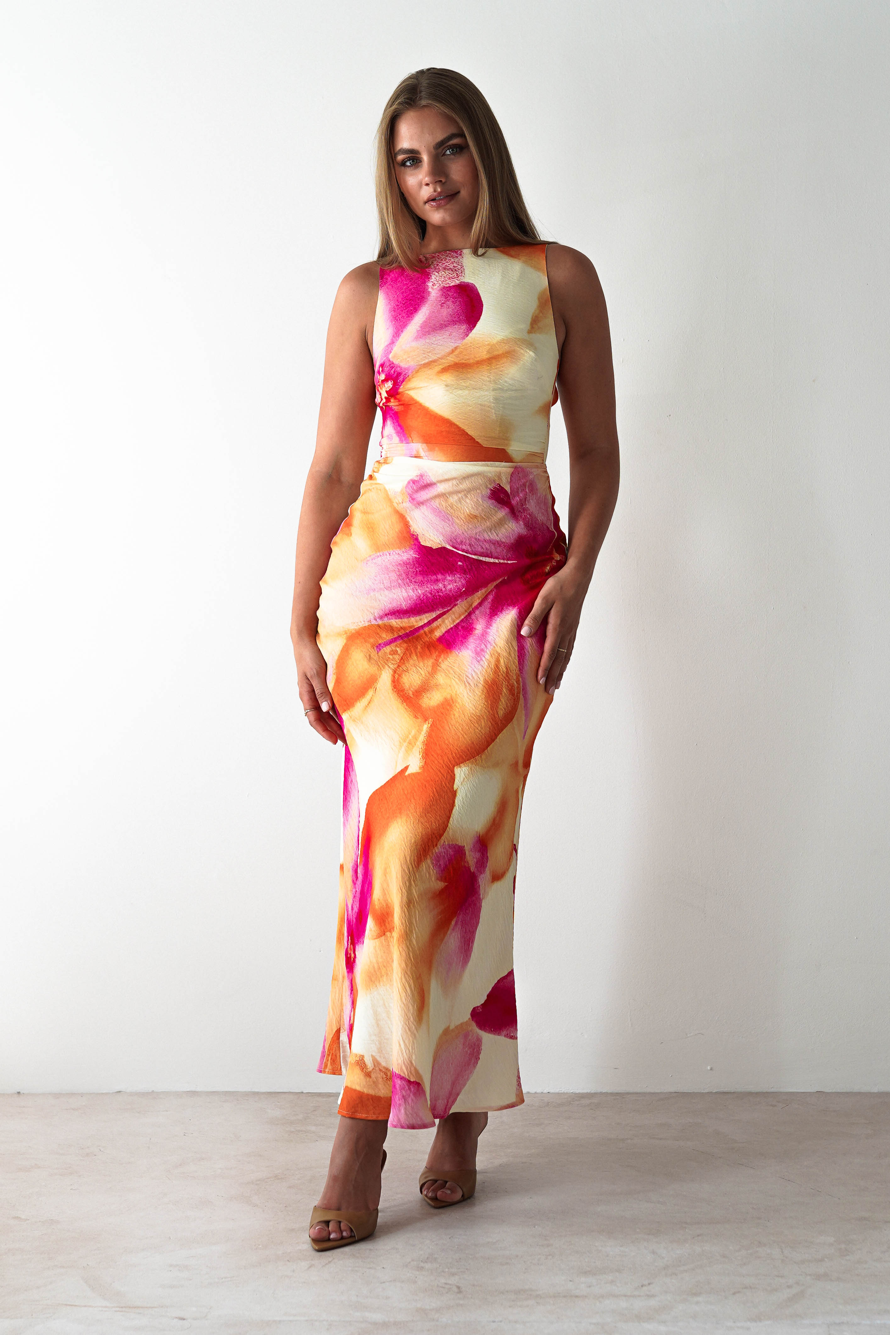 Ellarose Square Neck Maxi Dress | Orange/Pink | Oh Hello Clothing | XS (6)