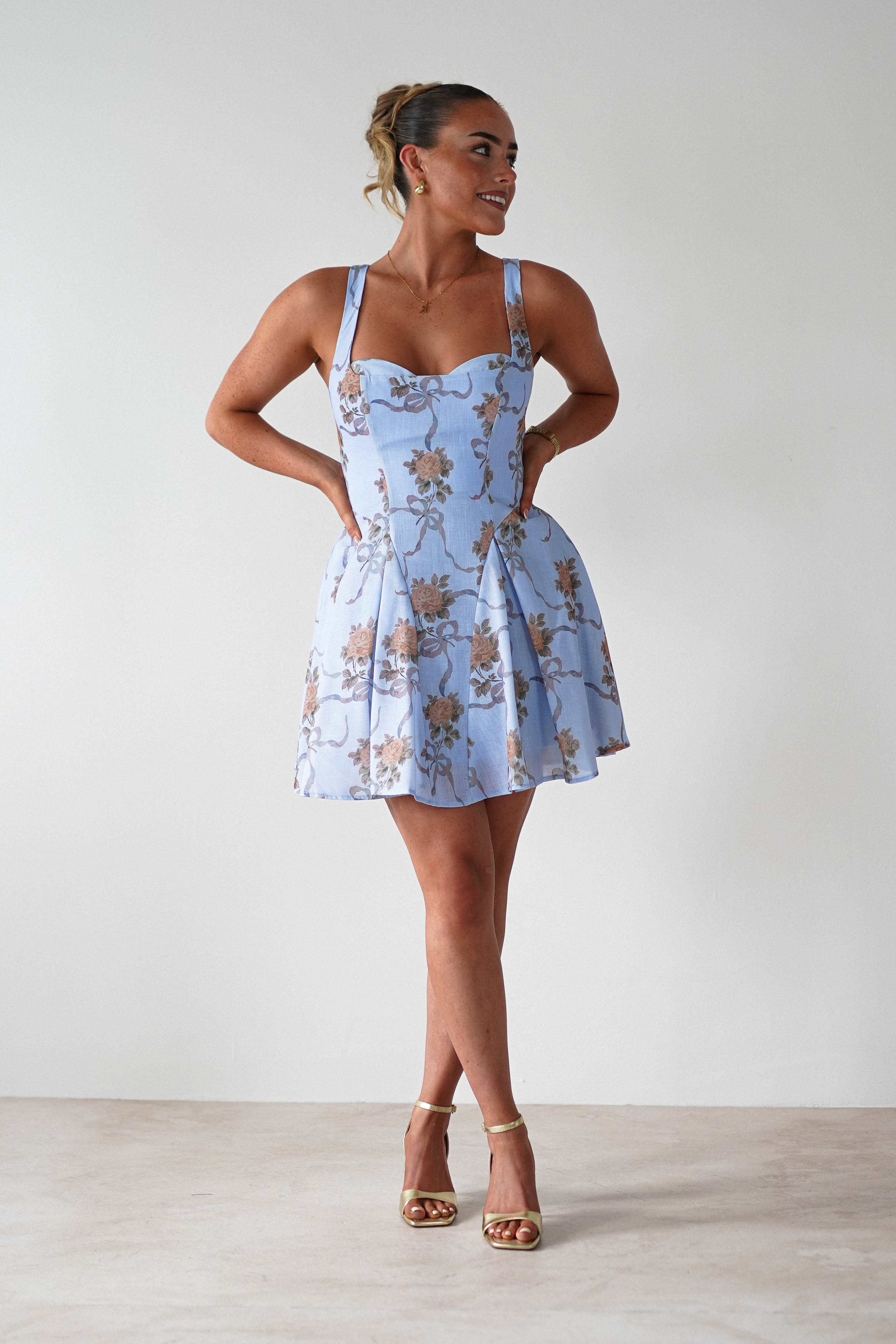 Mariel Floral Print Mini Skater Dress | Blue | Oh Hello Clothing | XS (6)
