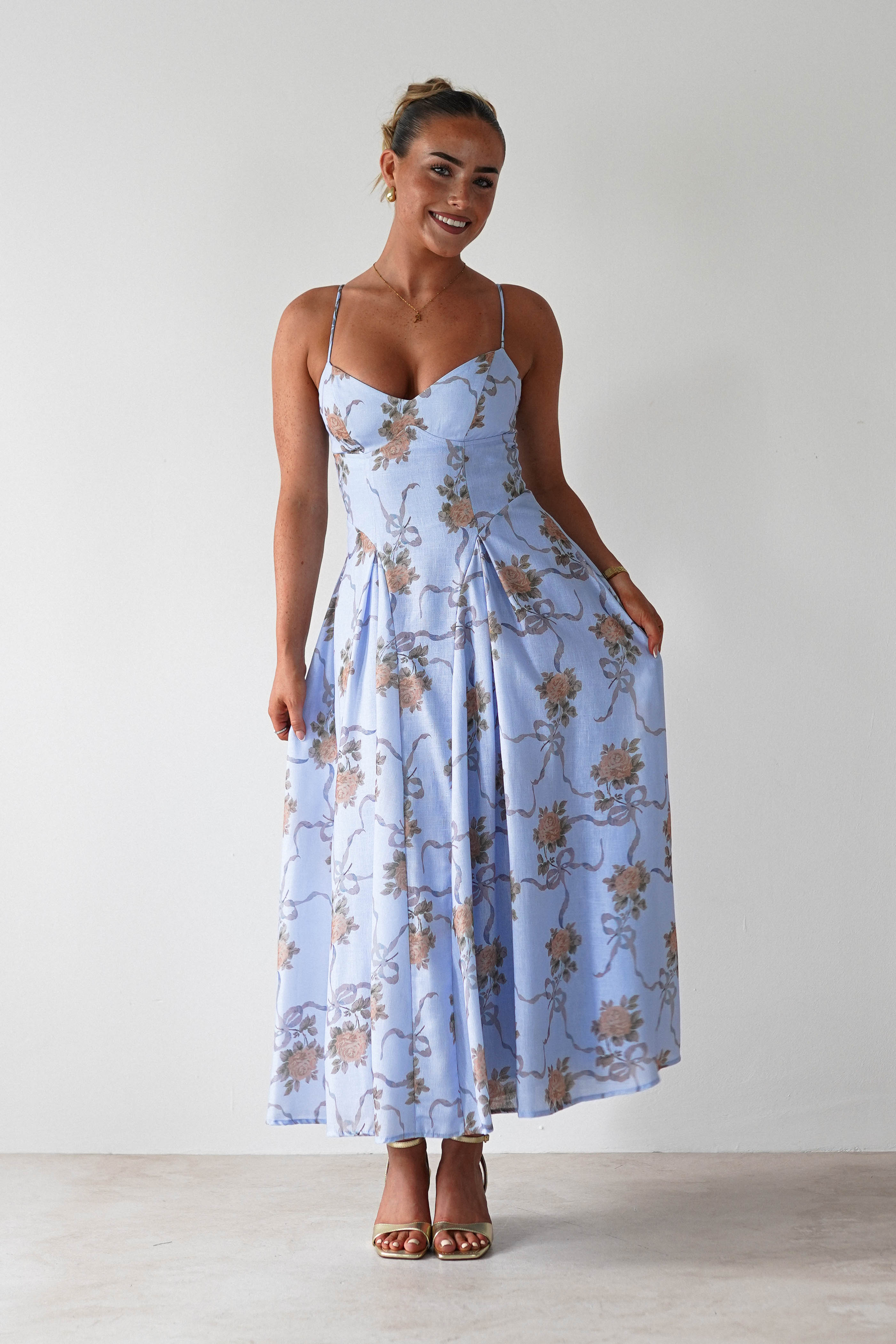 Tessa Floral Print Skater Midaxi Dress | Blue | Oh Hello Clothing | XS (6)