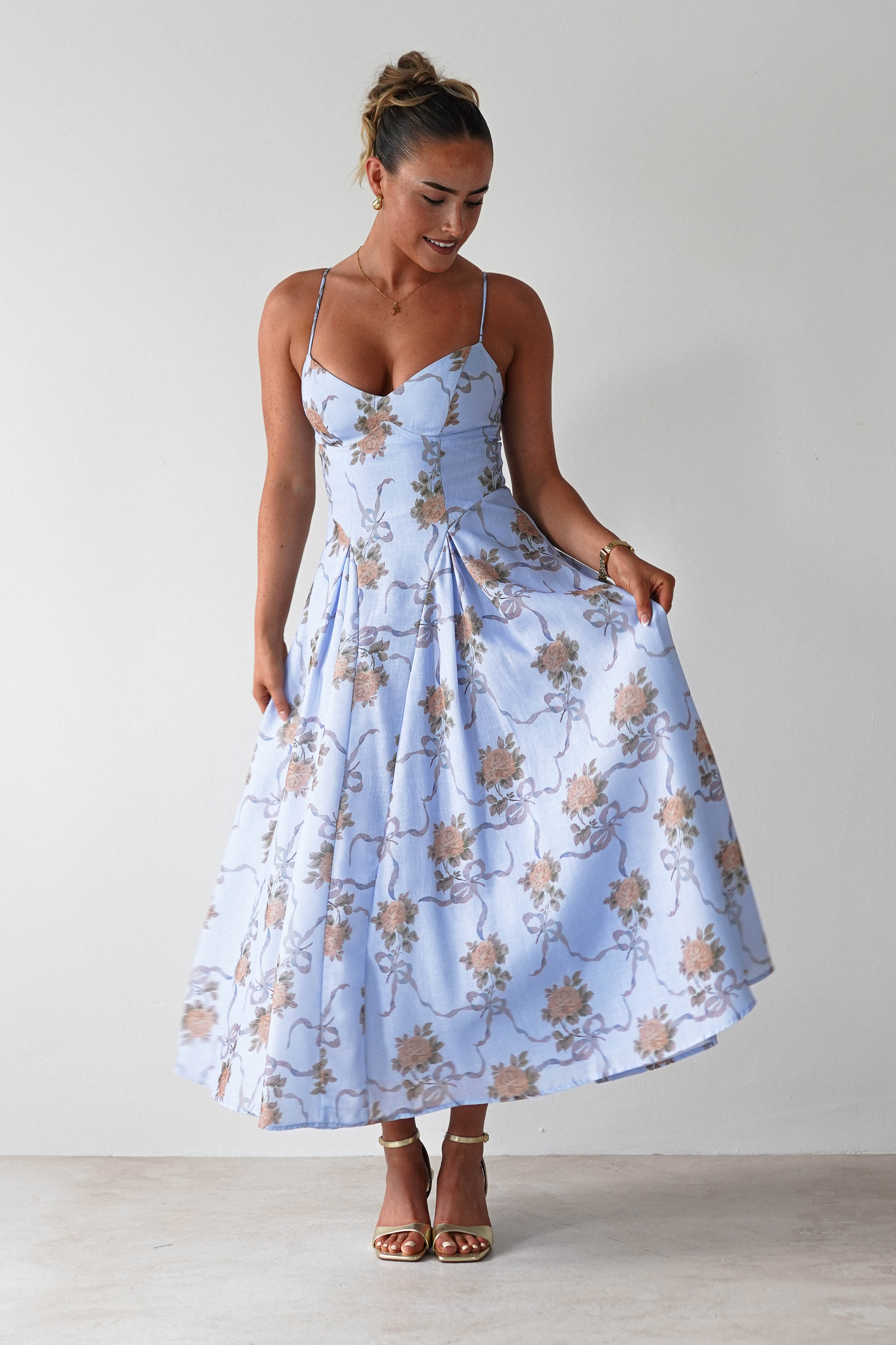 Tessa Floral Print Skater Midaxi Dress | Blue | Oh Hello Clothing | XS (6)