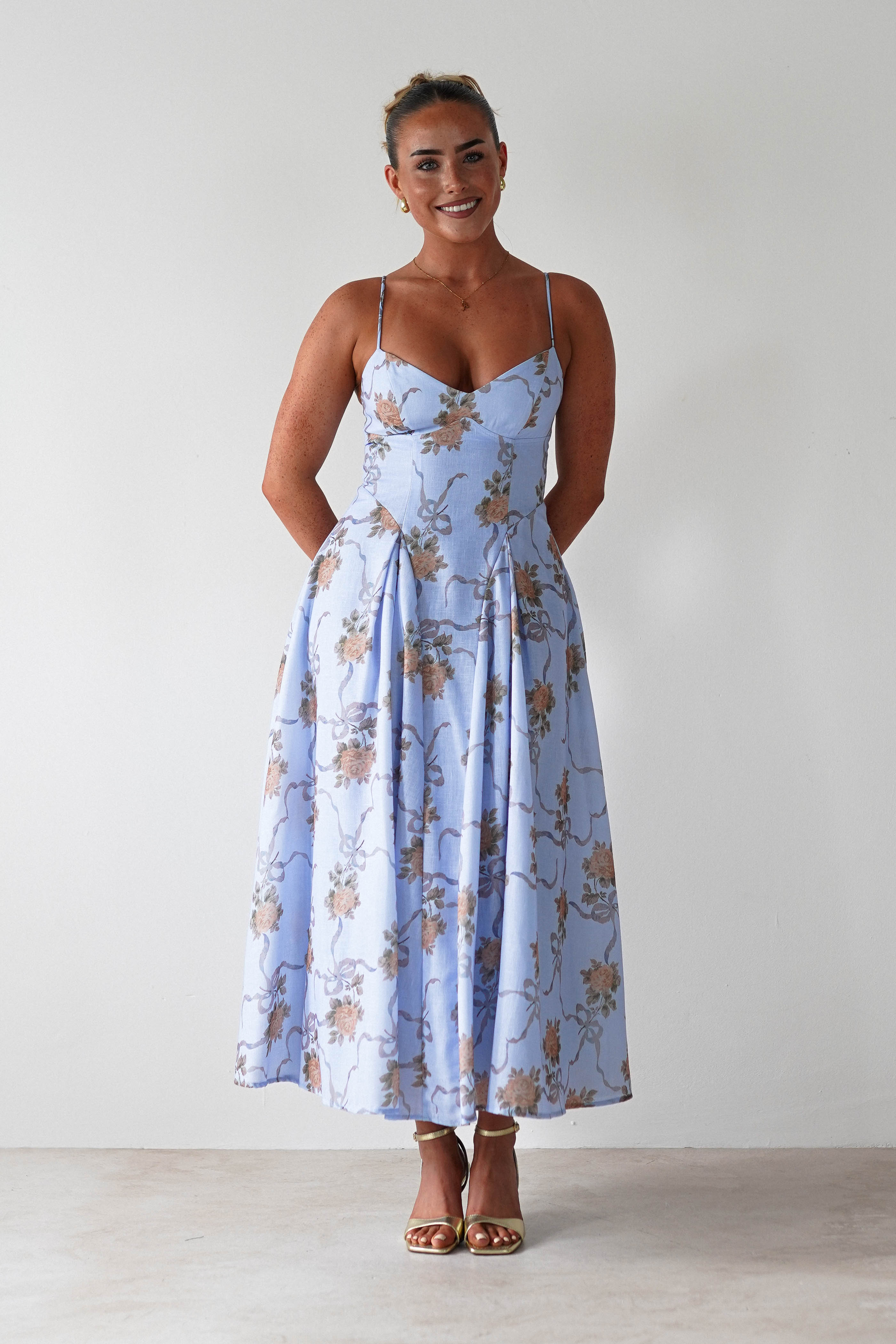 Tessa Floral Print Skater Midaxi Dress | Blue | Oh Hello Clothing | XS (6)