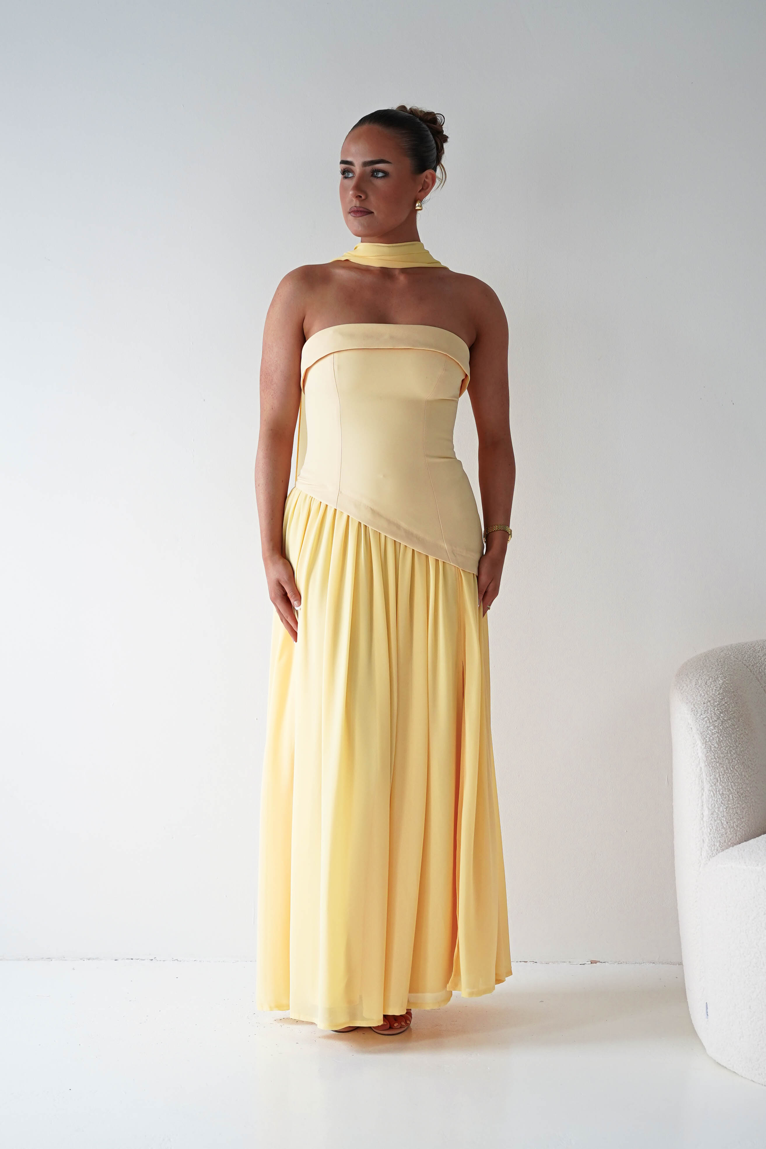 Oh Hello Clothing Women > Clothing > Dresses 1*DONE-64852J02- Butter Yellow Draped Strapless Maxi Dress with Scarf