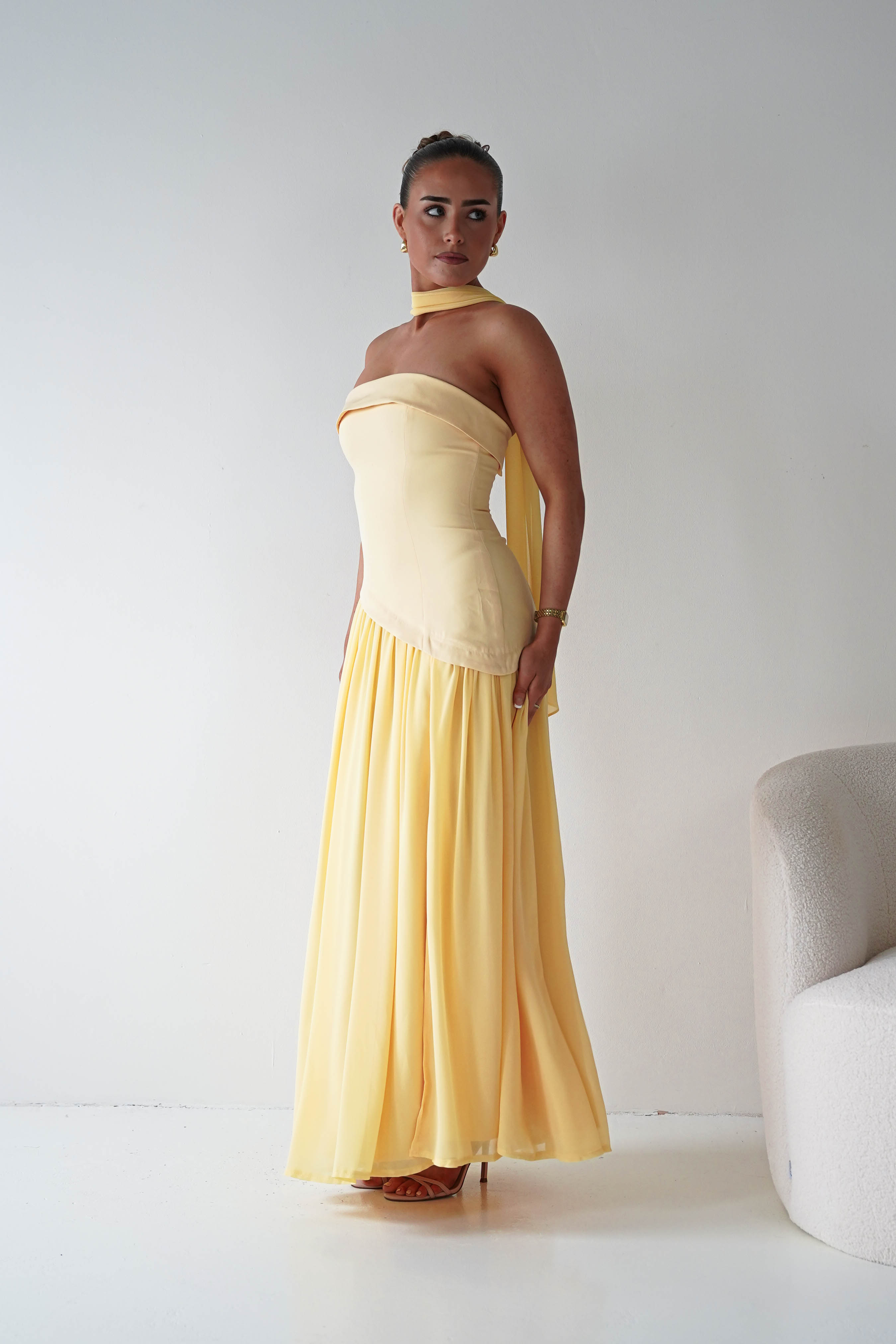 Oh Hello Clothing Women > Clothing > Dresses 1*DONE-64852J02- Butter Yellow Draped Strapless Maxi Dress with Scarf