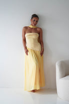 Oh Hello Clothing Women > Clothing > Dresses 1*DONE-64852J02- Butter Yellow Draped Strapless Maxi Dress with Scarf
