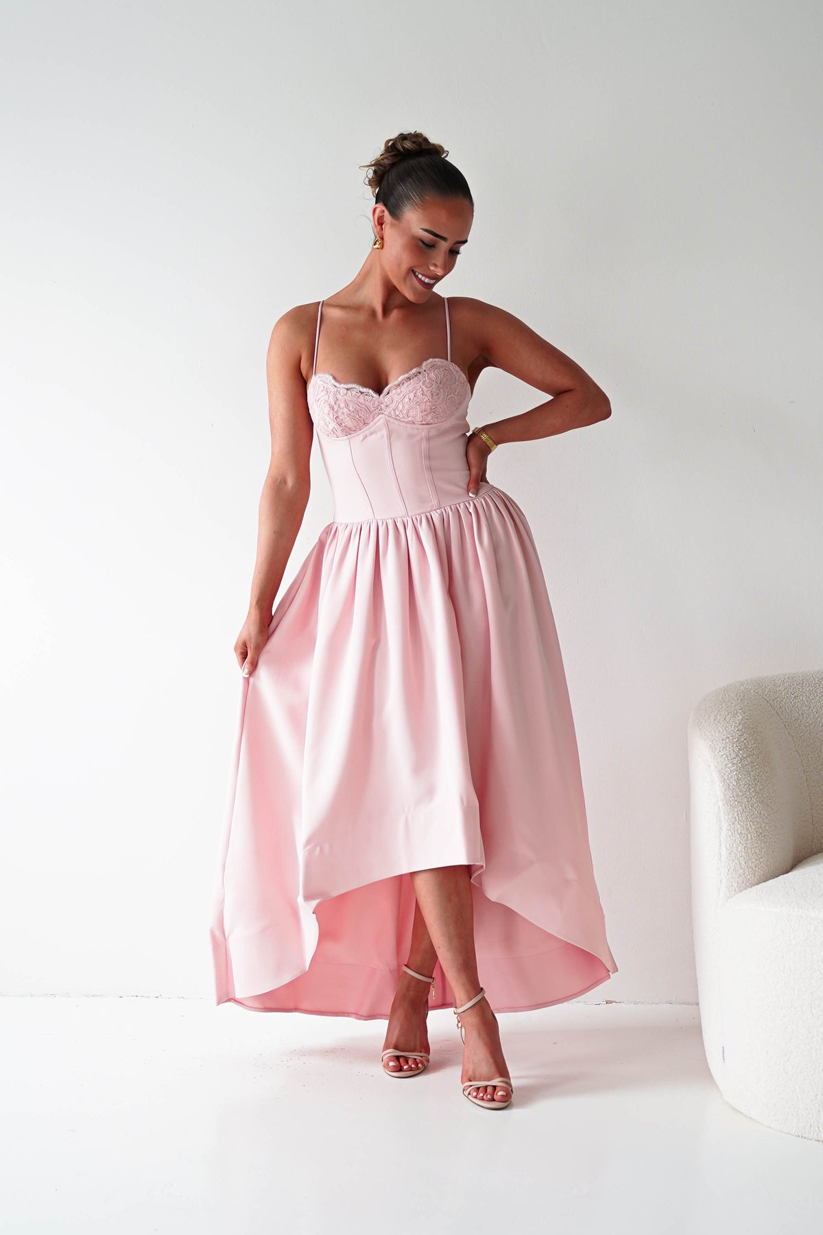 knee length dresses for ladies Delightful Impact Corset Slit Chiffon Midi Dress