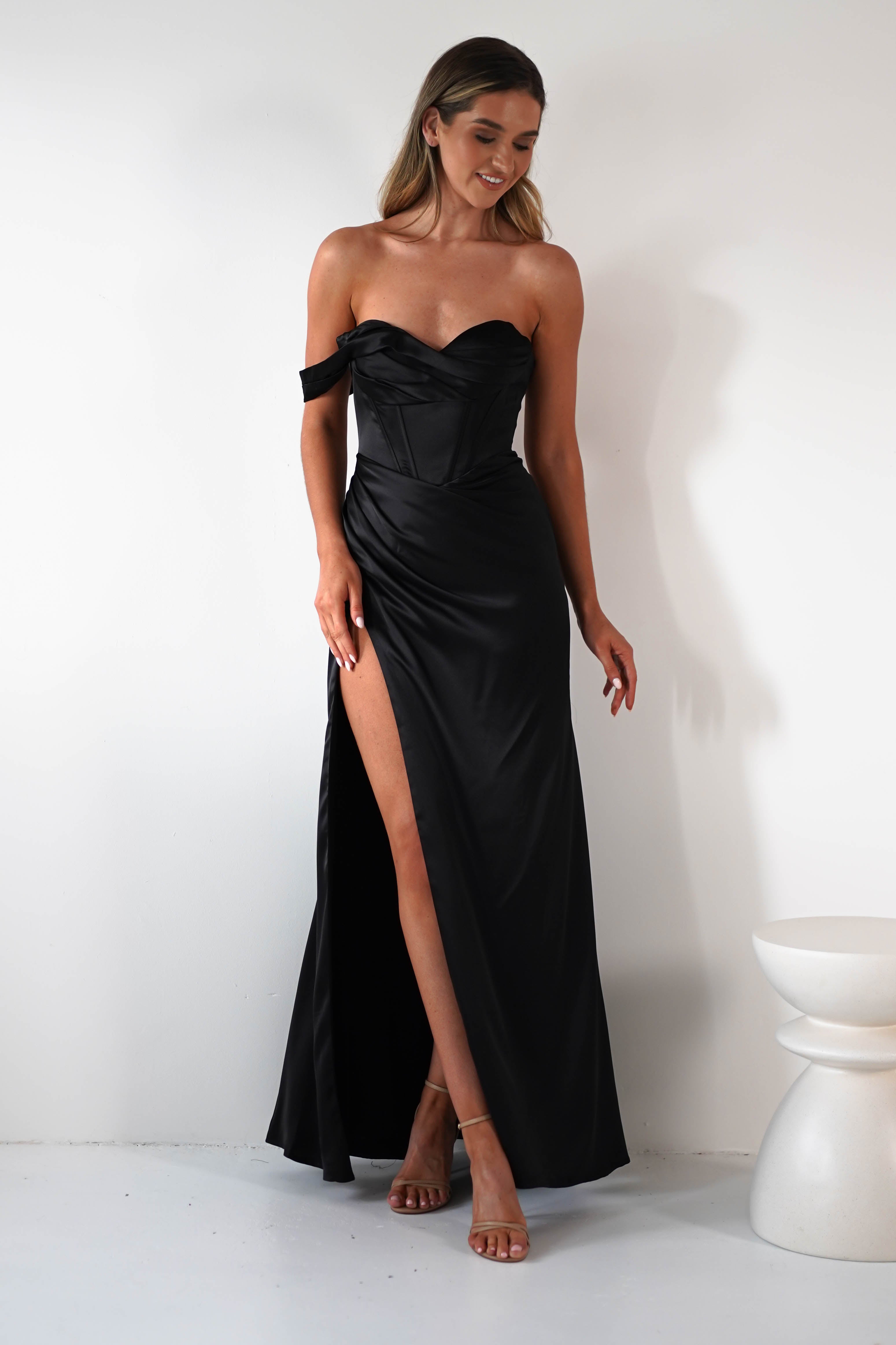 Nicolette Soft Satin Maxi Gown | Black