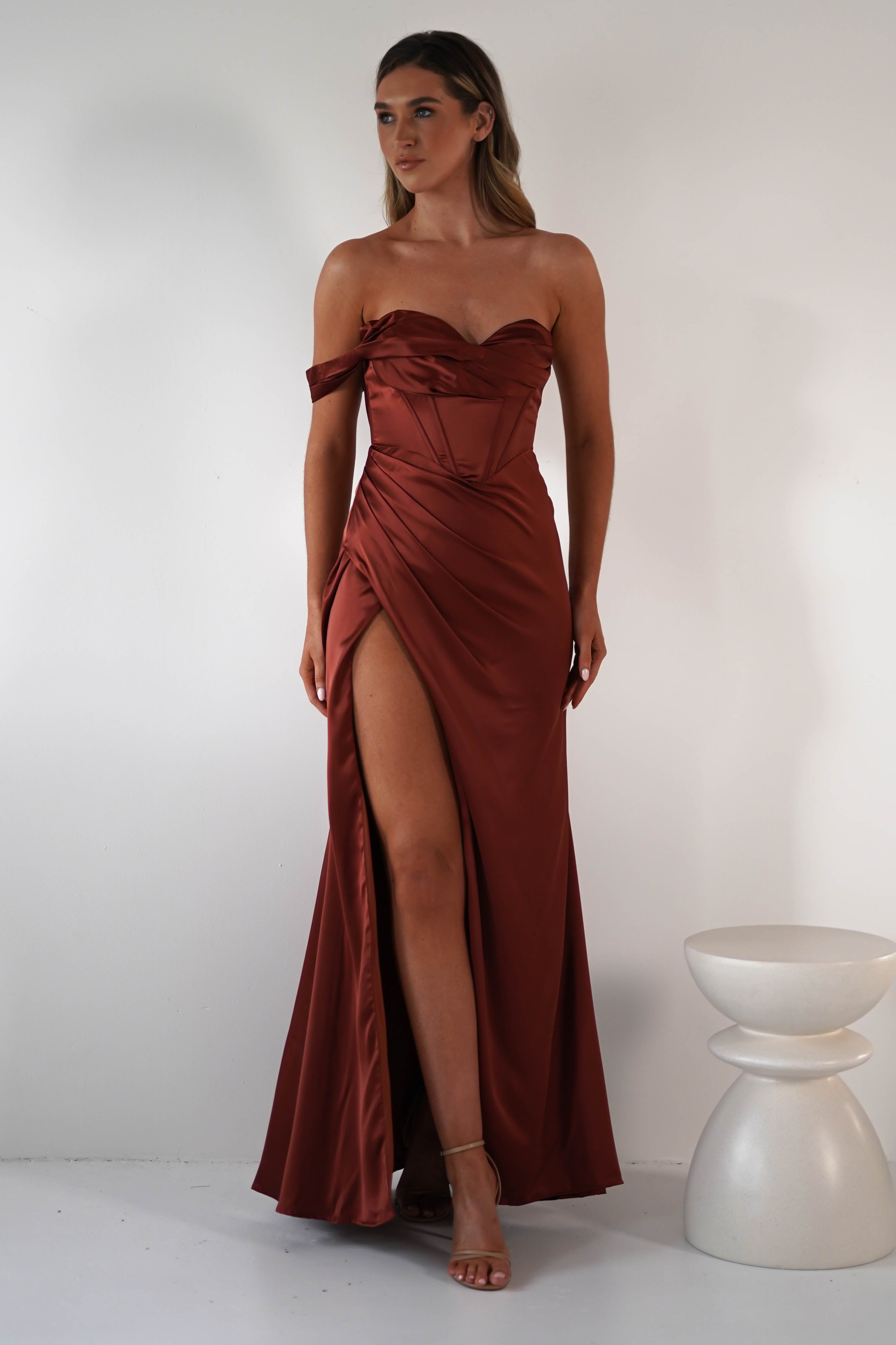 Nicolette Soft Satin Maxi Gown | Rust