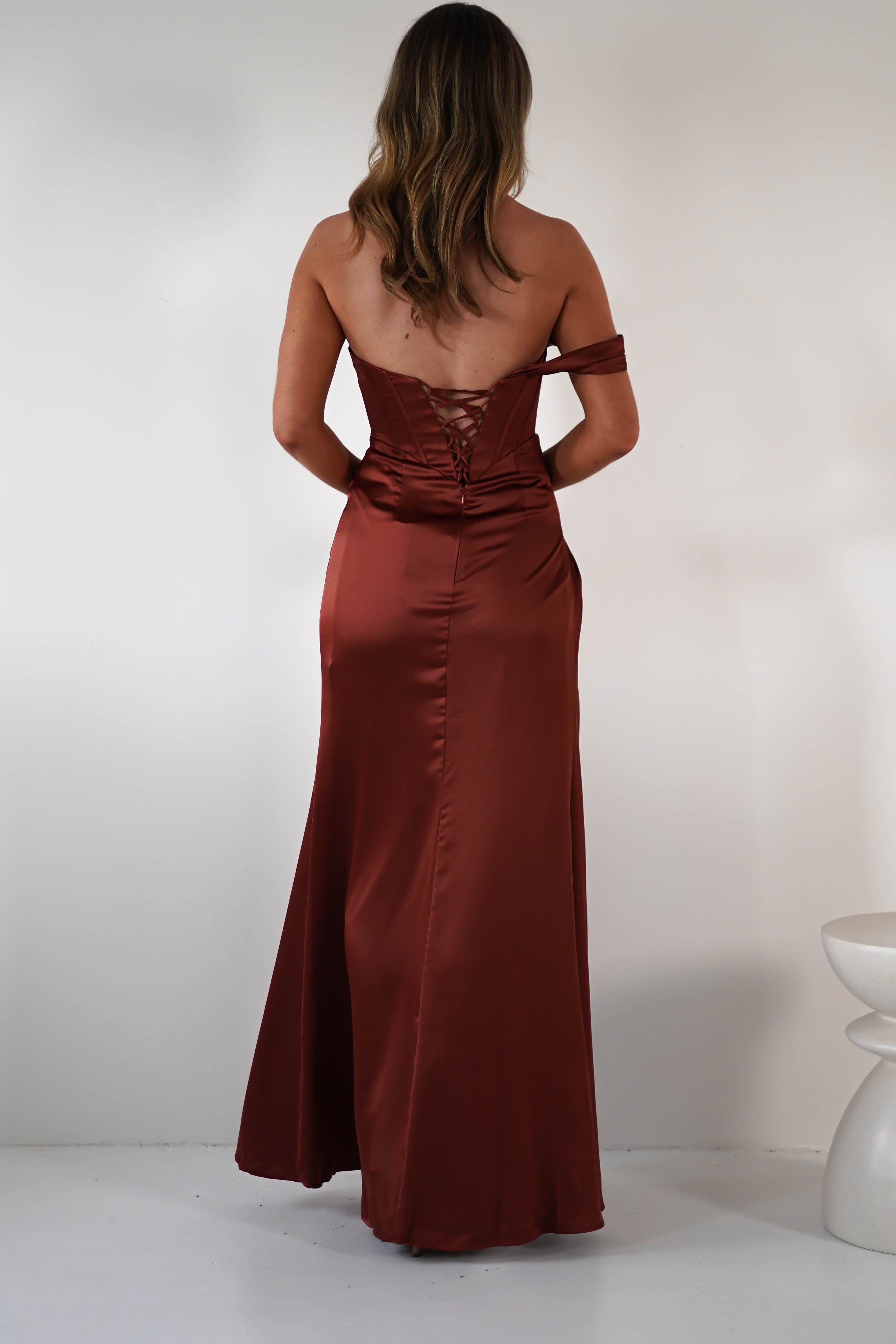 Nicolette Soft Satin Maxi Gown | Rust