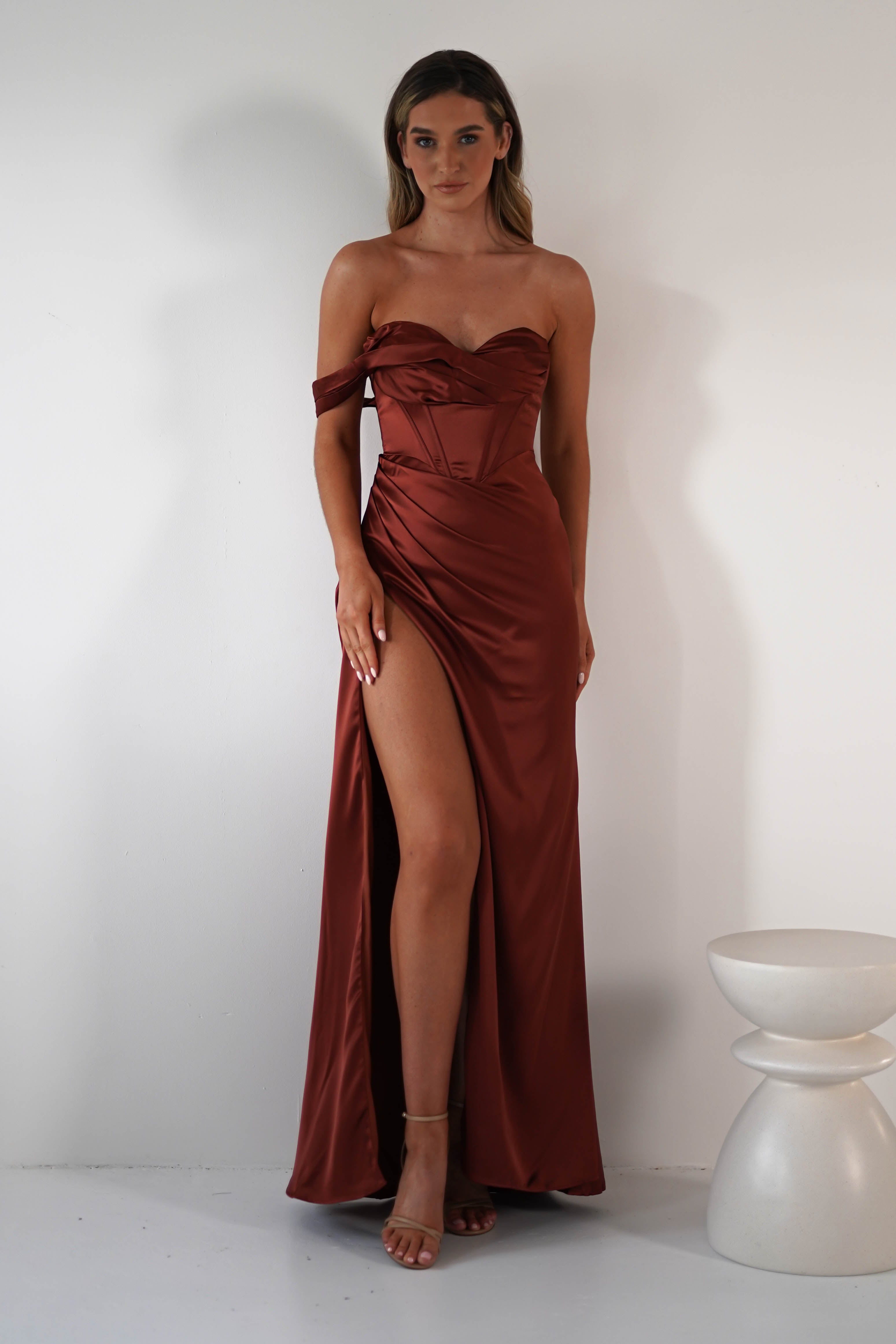 Nicolette Soft Satin Maxi Gown | Rust