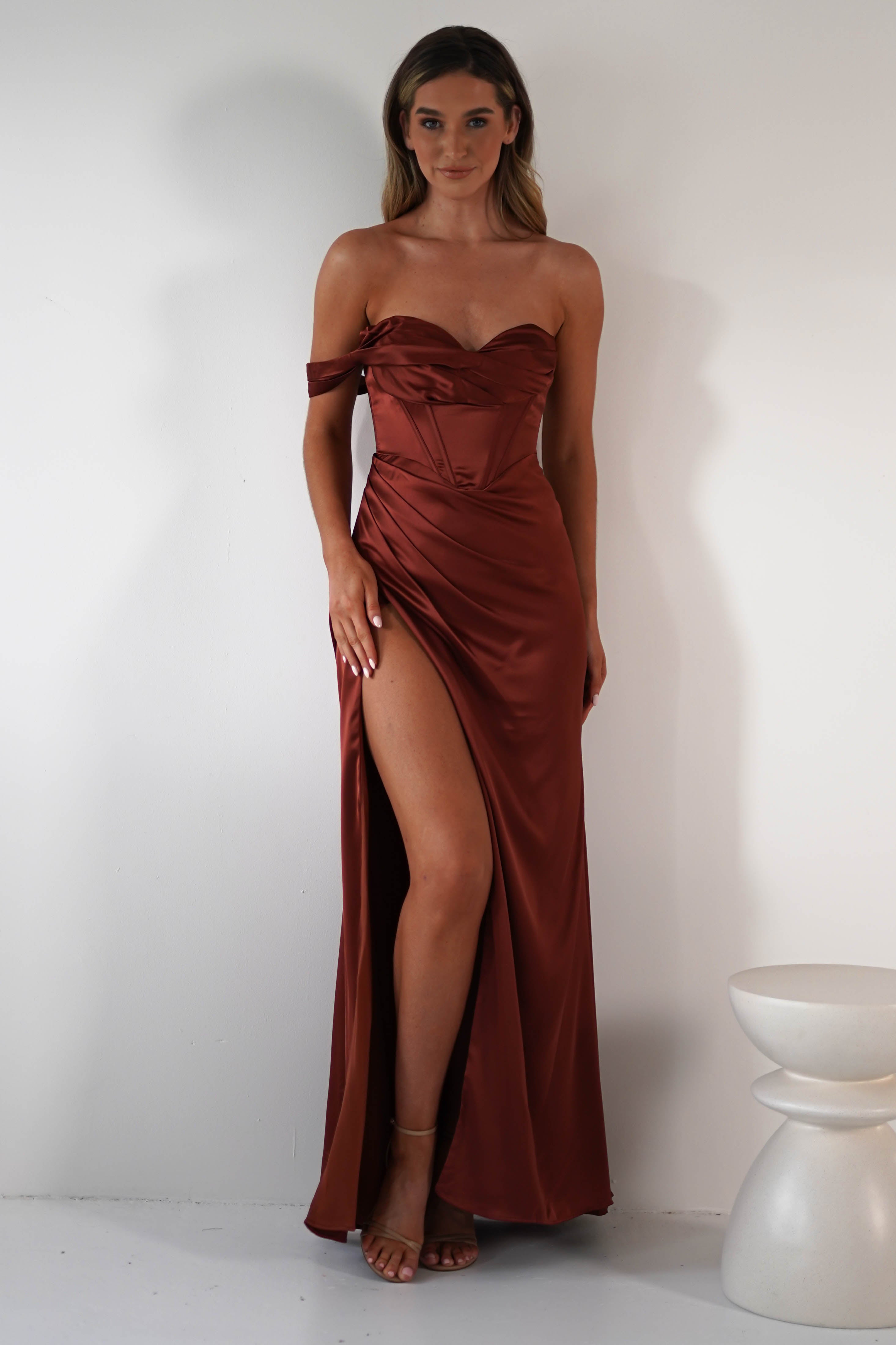 Nicolette Soft Satin Maxi Gown | Rust