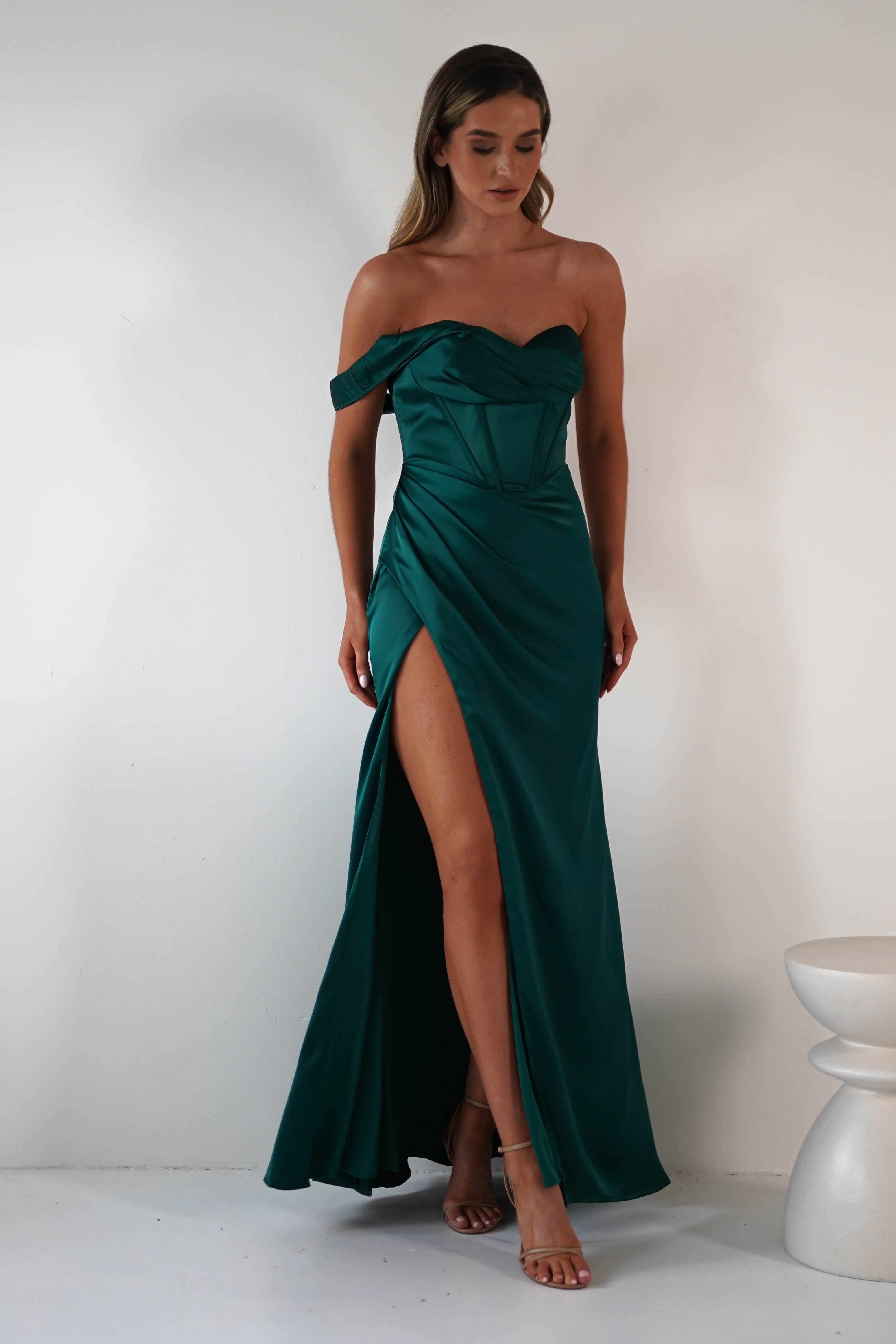 Nicolette Soft Satin Maxi Gown | Emerald Green