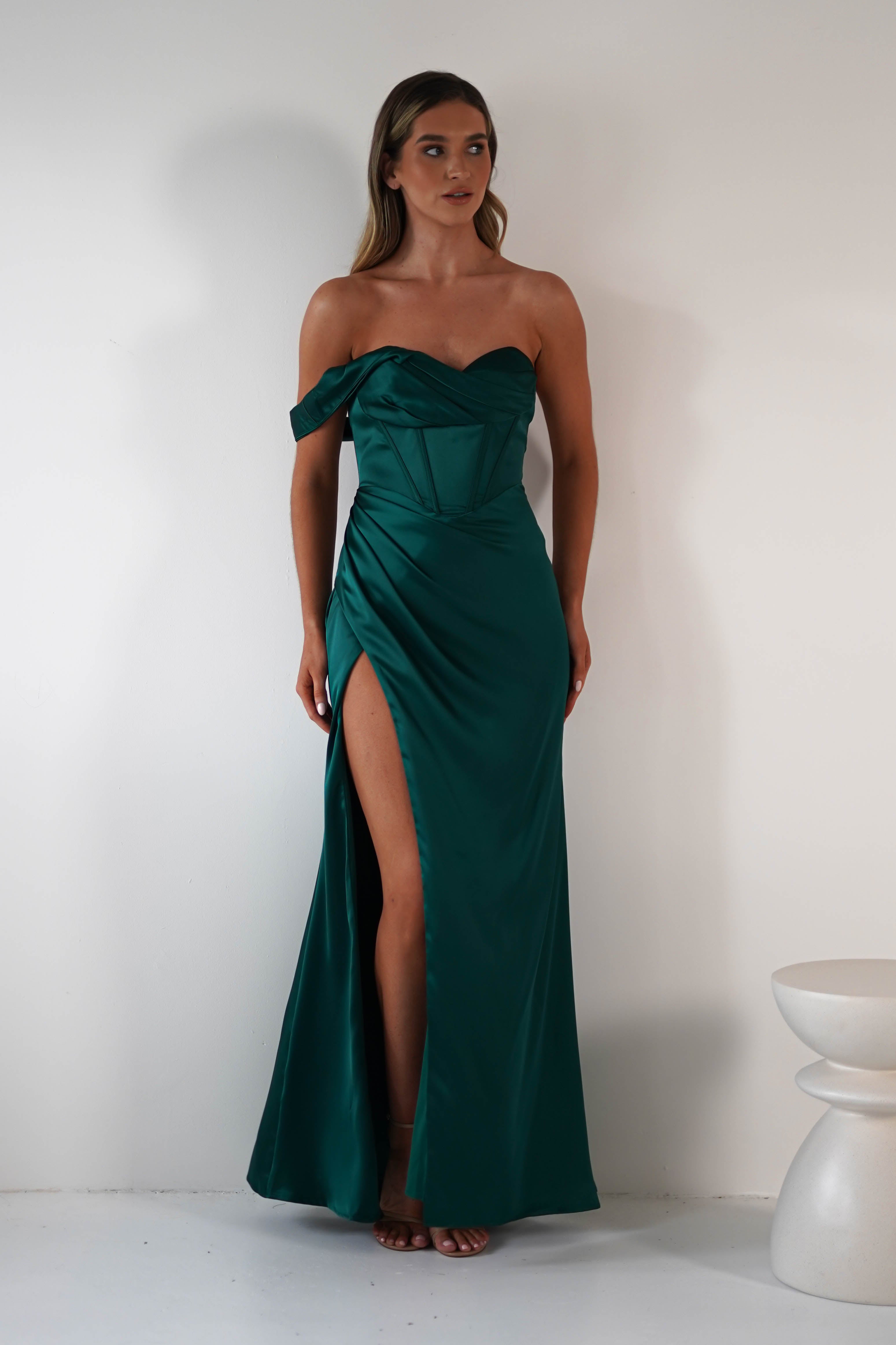 Nicolette Soft Satin Maxi Gown | Emerald Green