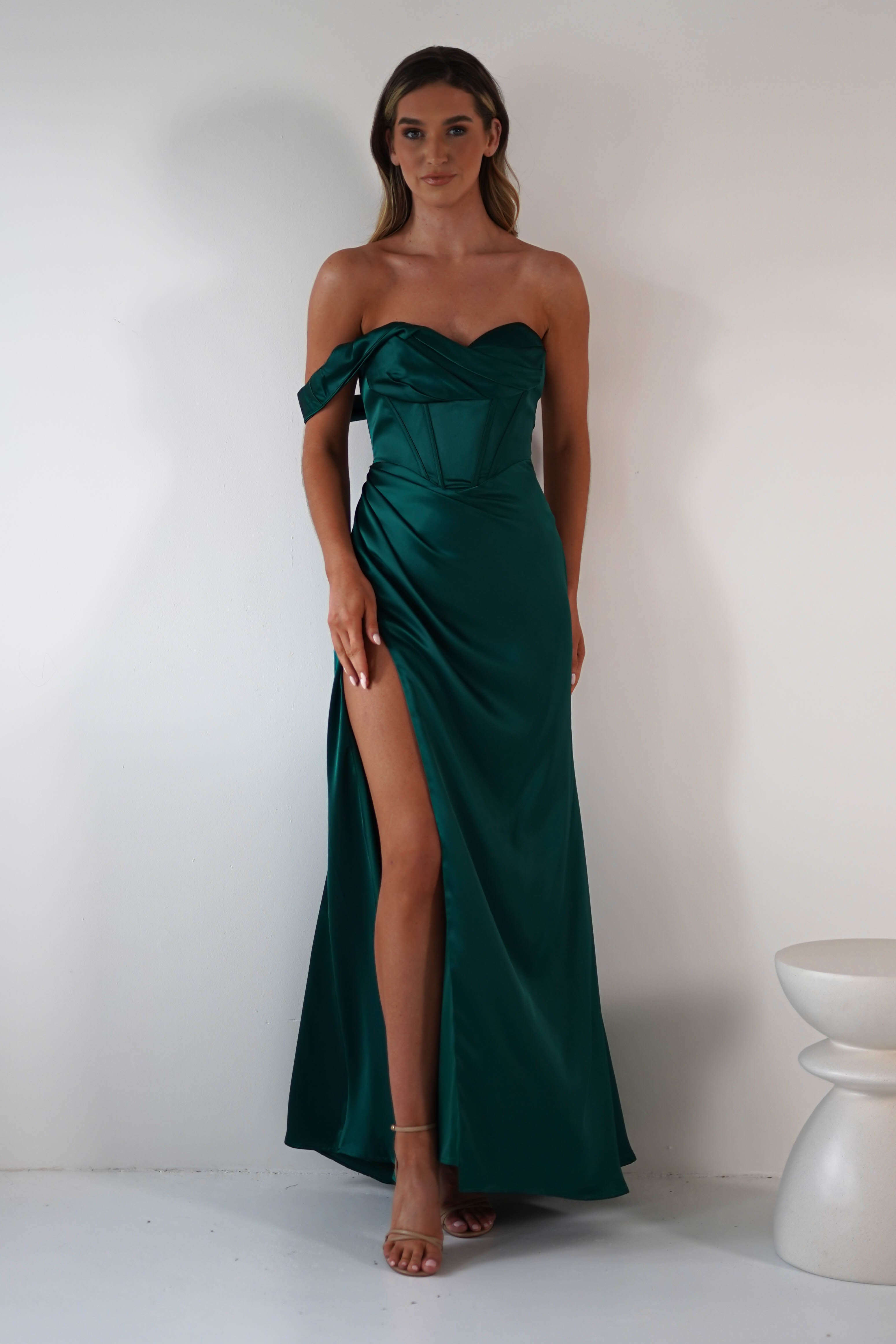 Nicolette Soft Satin Maxi Gown | Emerald Green