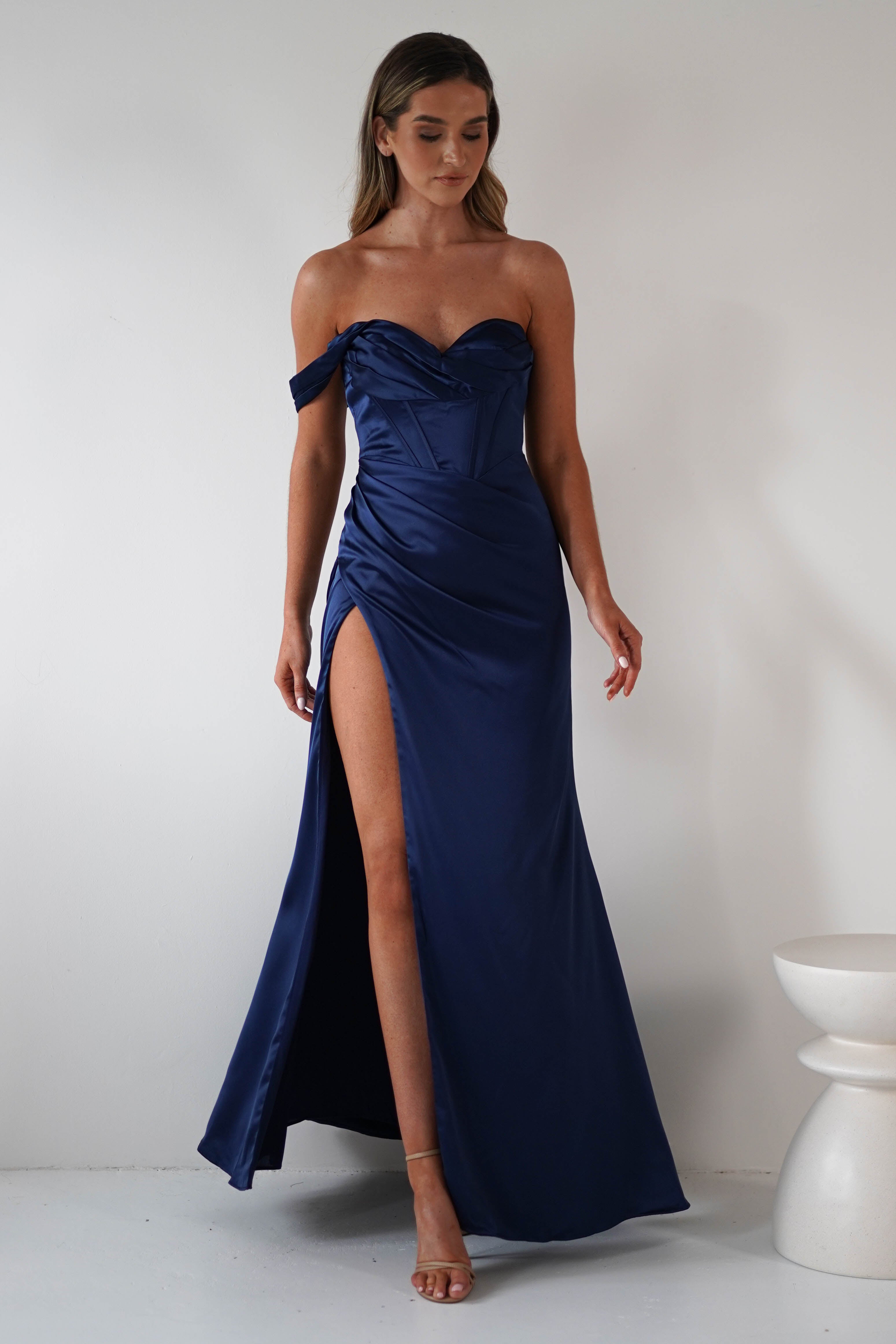 Nicolette Soft Satin Maxi Gown | Navy