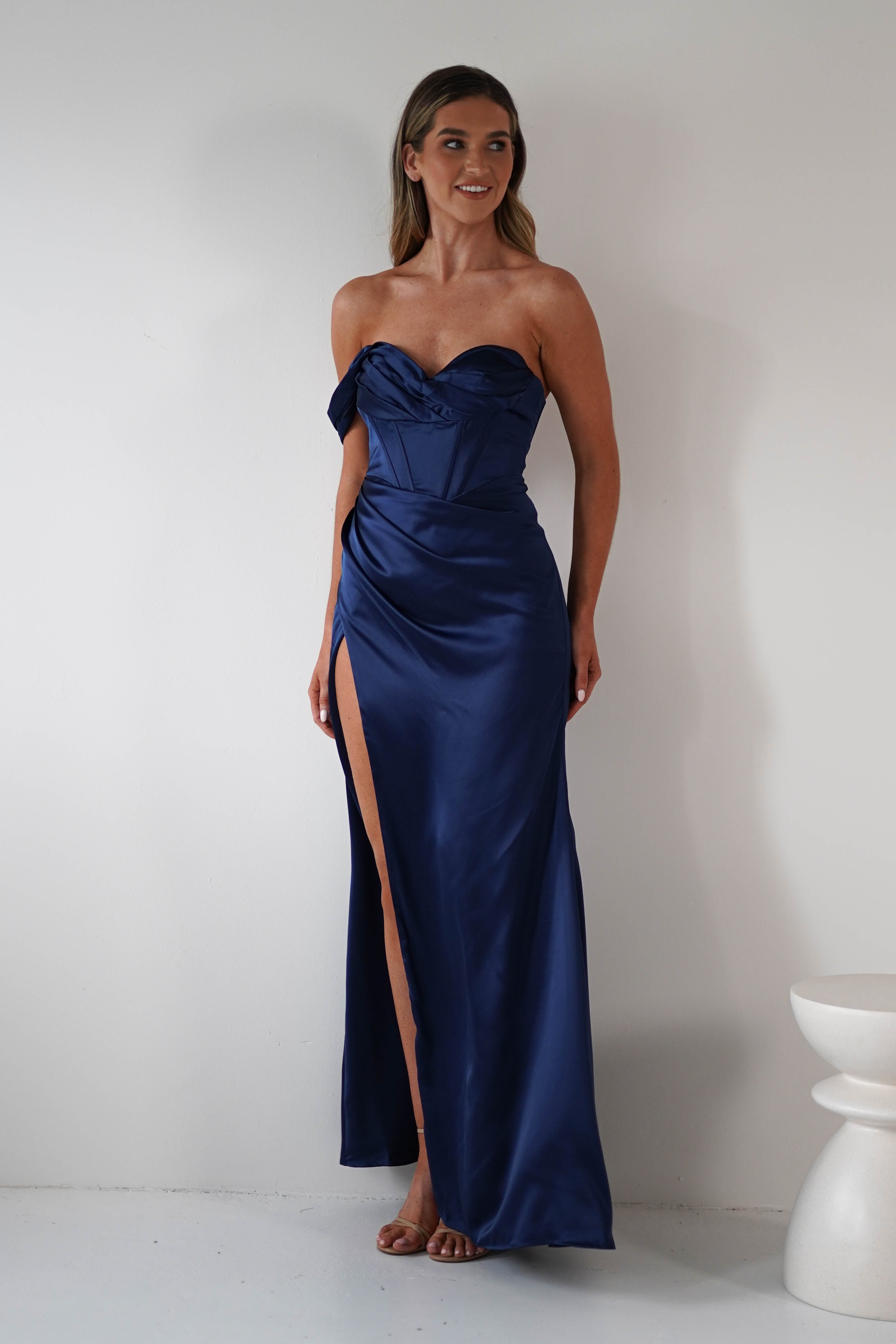 Nicolette Soft Satin Maxi Gown | Navy