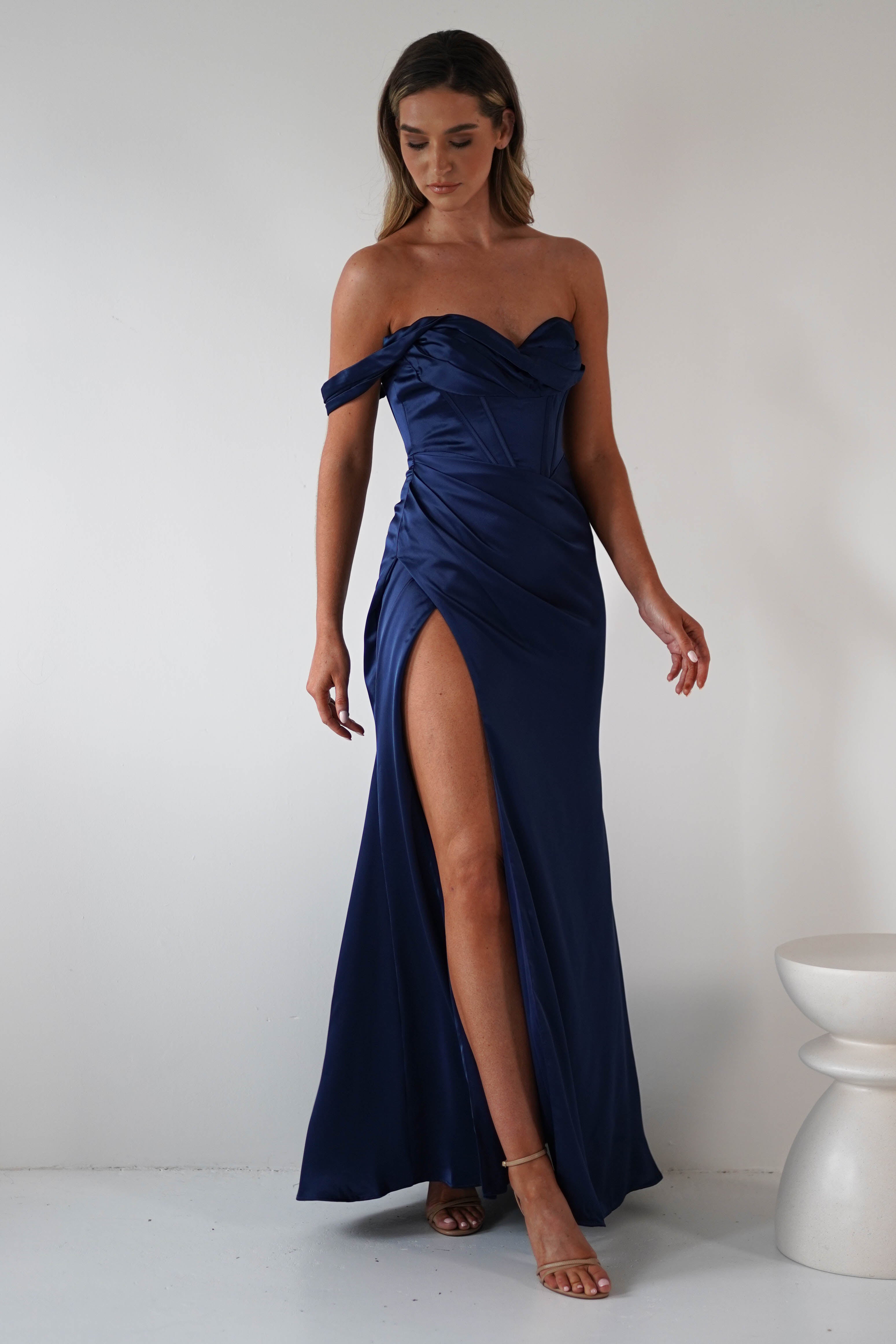 Nicolette Soft Satin Maxi Gown | Navy